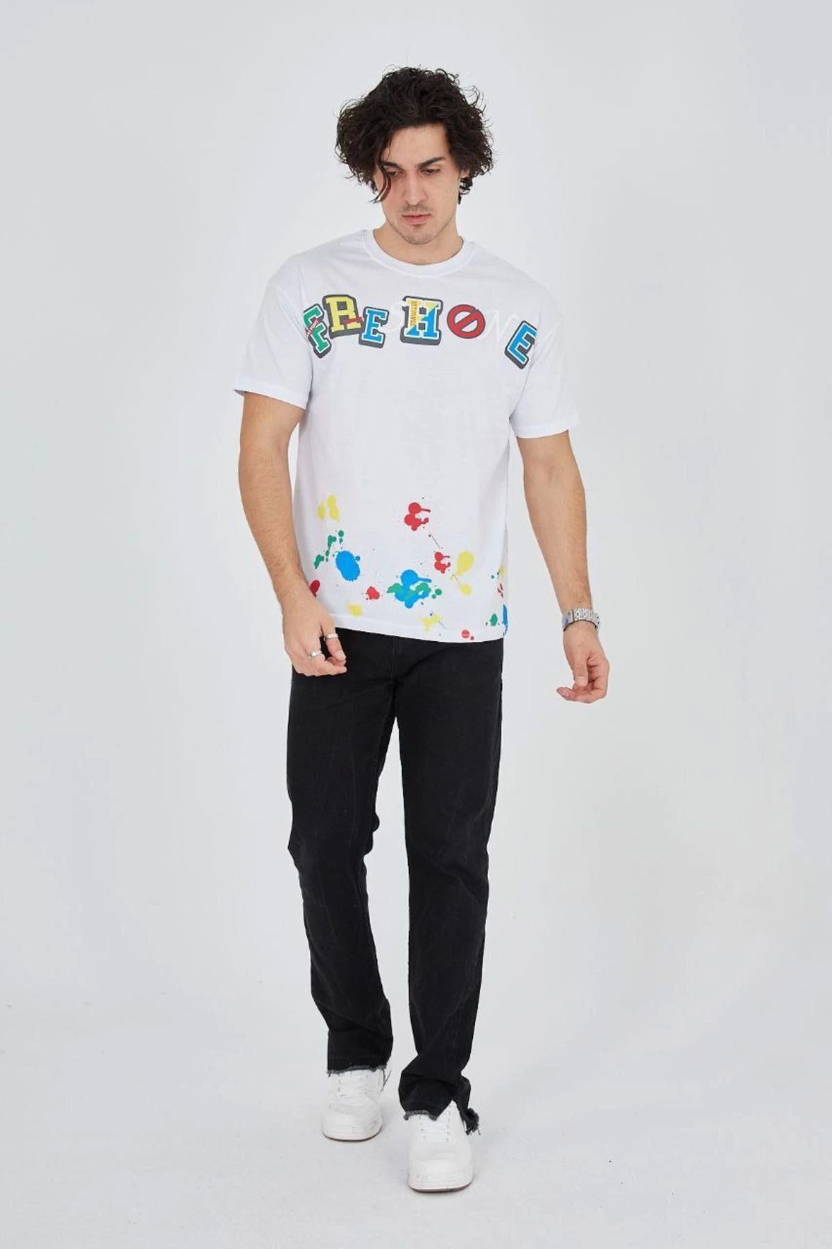 Pink Stil Erkek Baskılı Penye T-Shirt - Beyaz Pink Stil