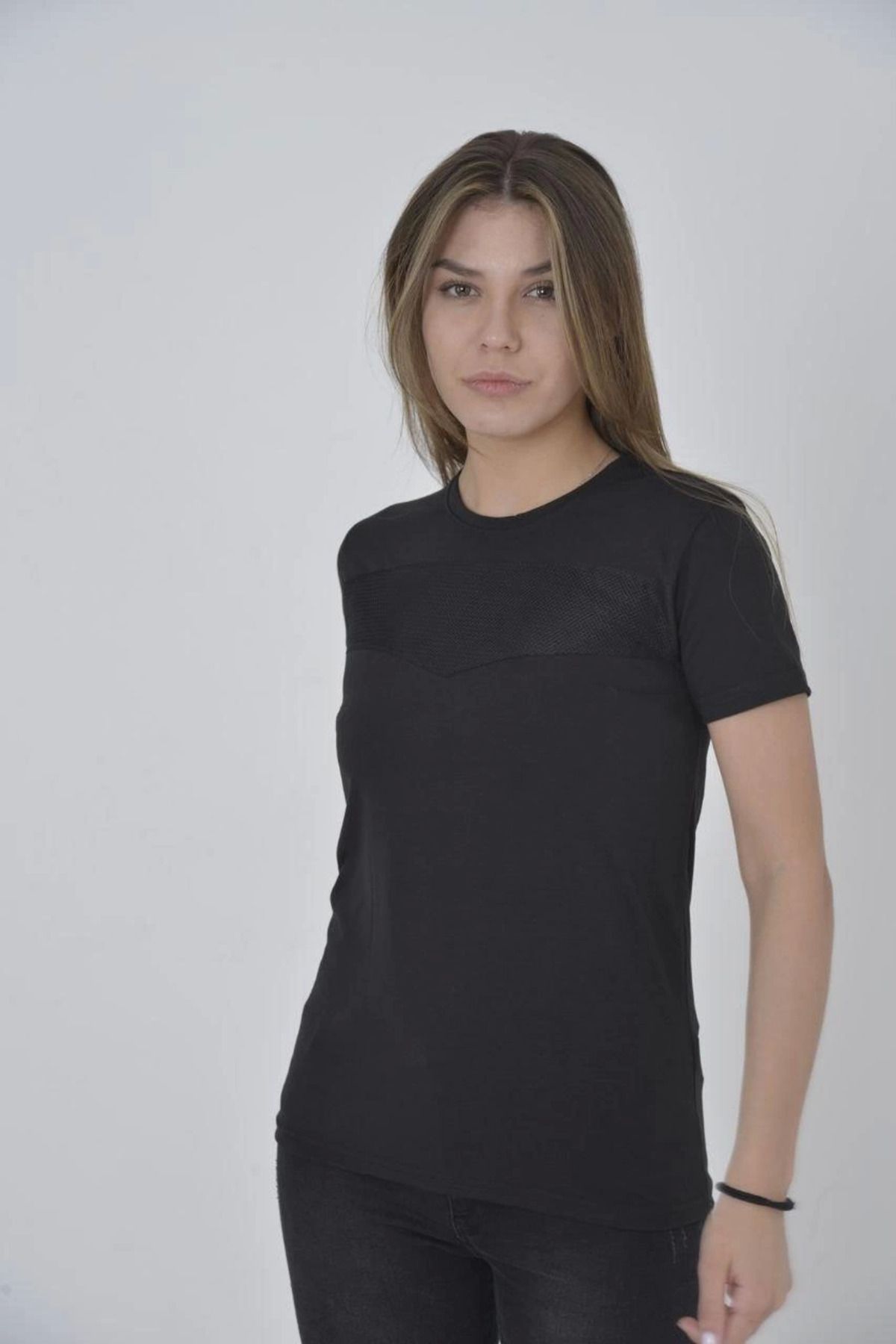 Pink Stil Kadın Gögüs Fileli Slim fit T-shirt - Siyah Pink Stil