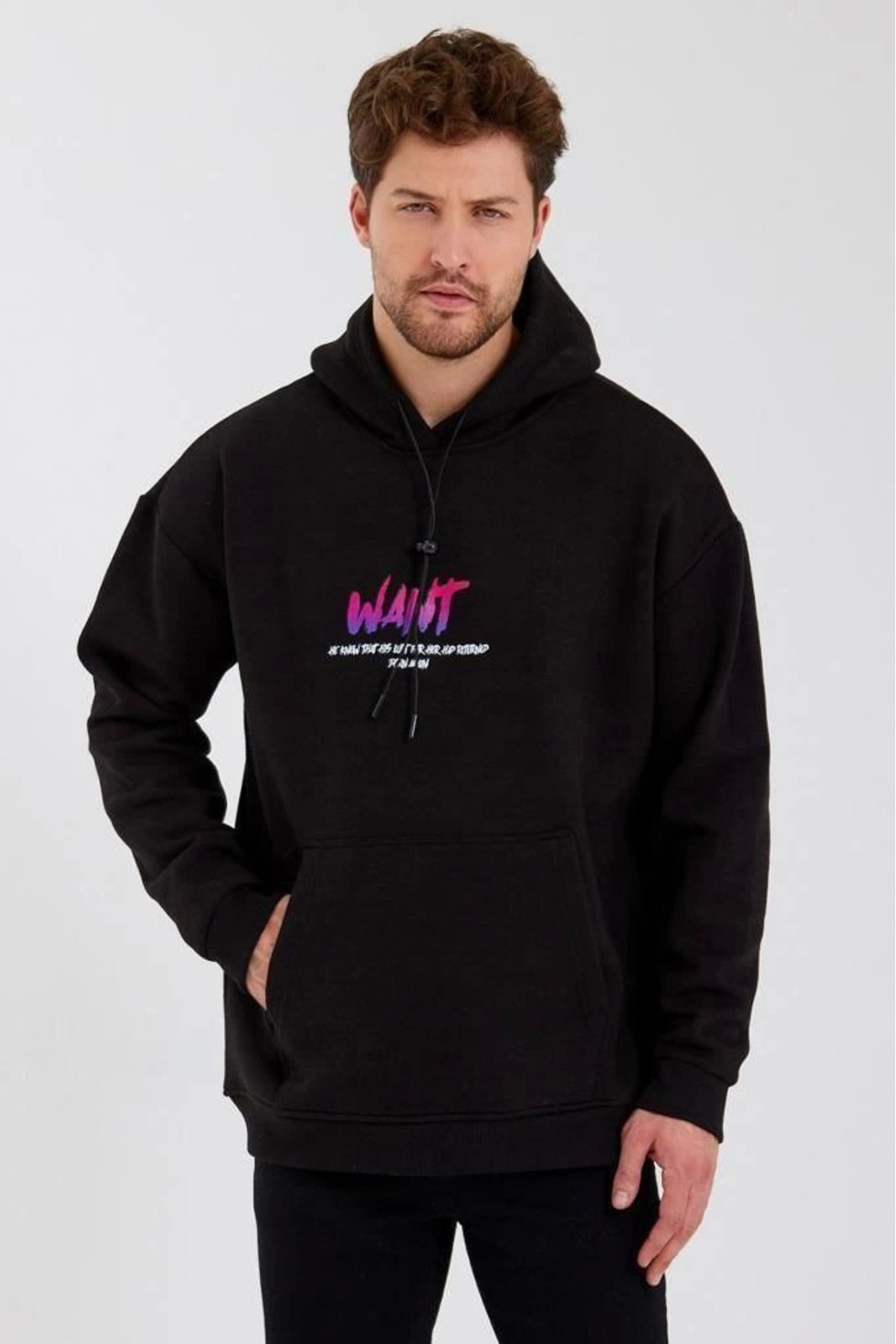 pilelistore Baskılı Üç İplik Kapüşonlu Oversize Sweatshirt - Siyah fotoğrafı 2 (önizleme)