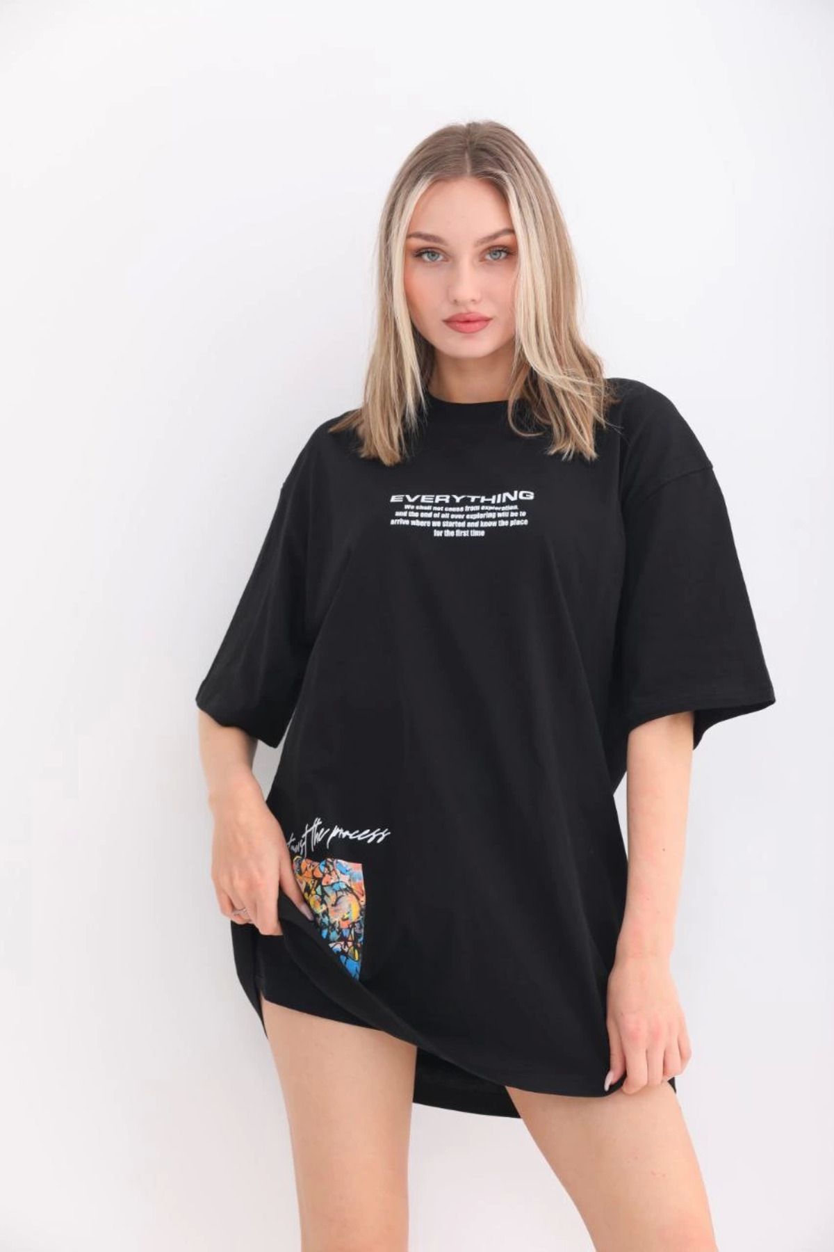 Vemora Unisex Bisiklet Yaka Baskılı Oversize T-Shirt - Siyah
