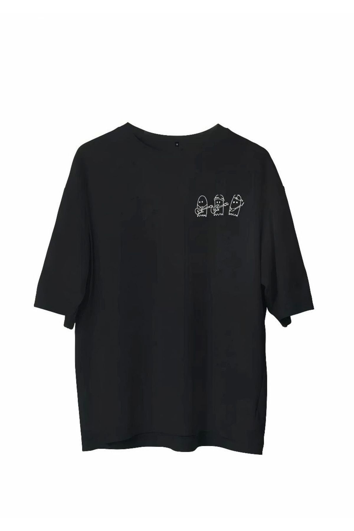 Pink Stil Unisex Bisiklet Yaka Baskılı Oversize T-Shirt - Siyah Pink Stil