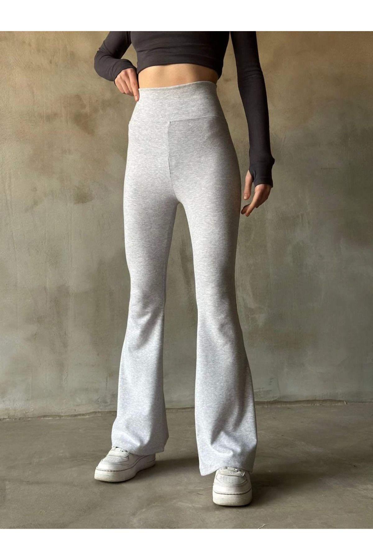 Pink Stil İspanyol Paça Yüksek Bel Tayt - Gri Pink Stil
