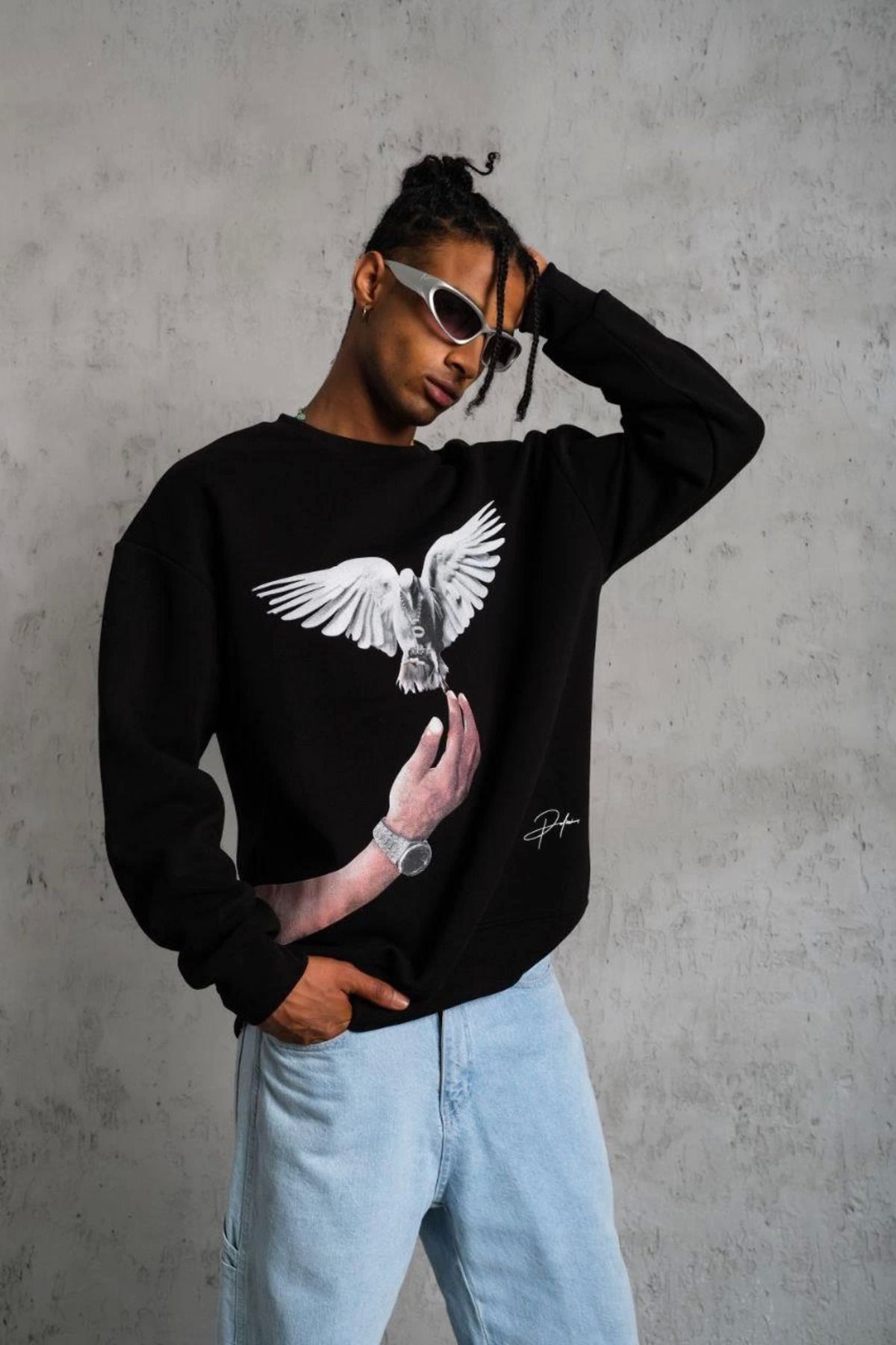 Pink Stil Erkek Güvercin Baskılı Sweatshirt - Siyah Pink Stil