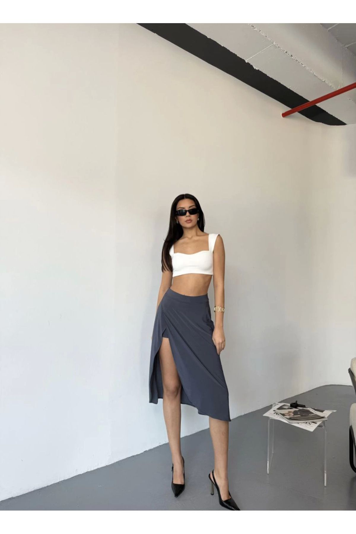 Pink Stil Çepli Şortlu Yırtmaçlı Etek - Gri