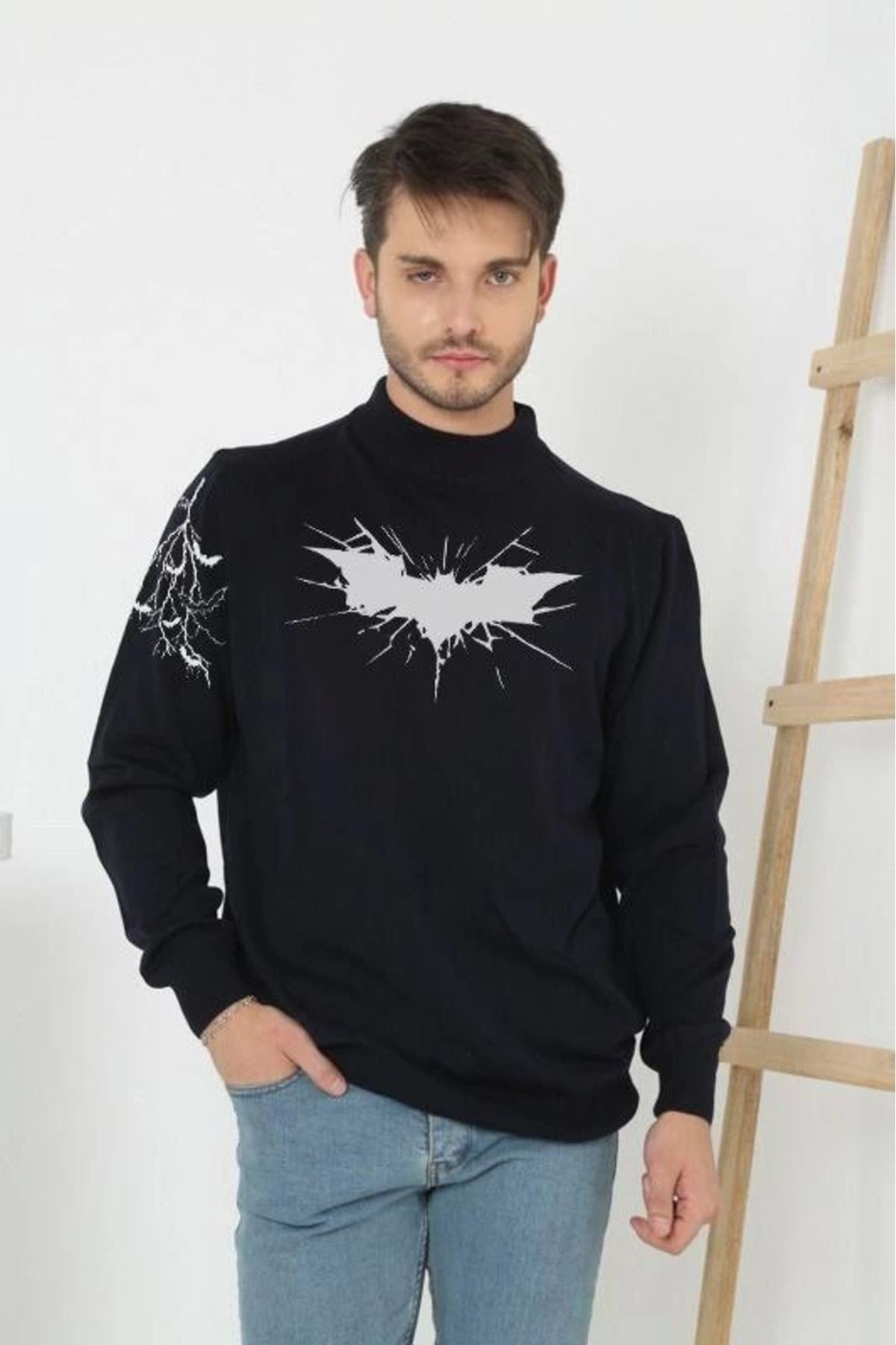 Pink Stil Unisex Yarım Boğazlı Baskılı Dokuma Triko - Siyah Pink Stil