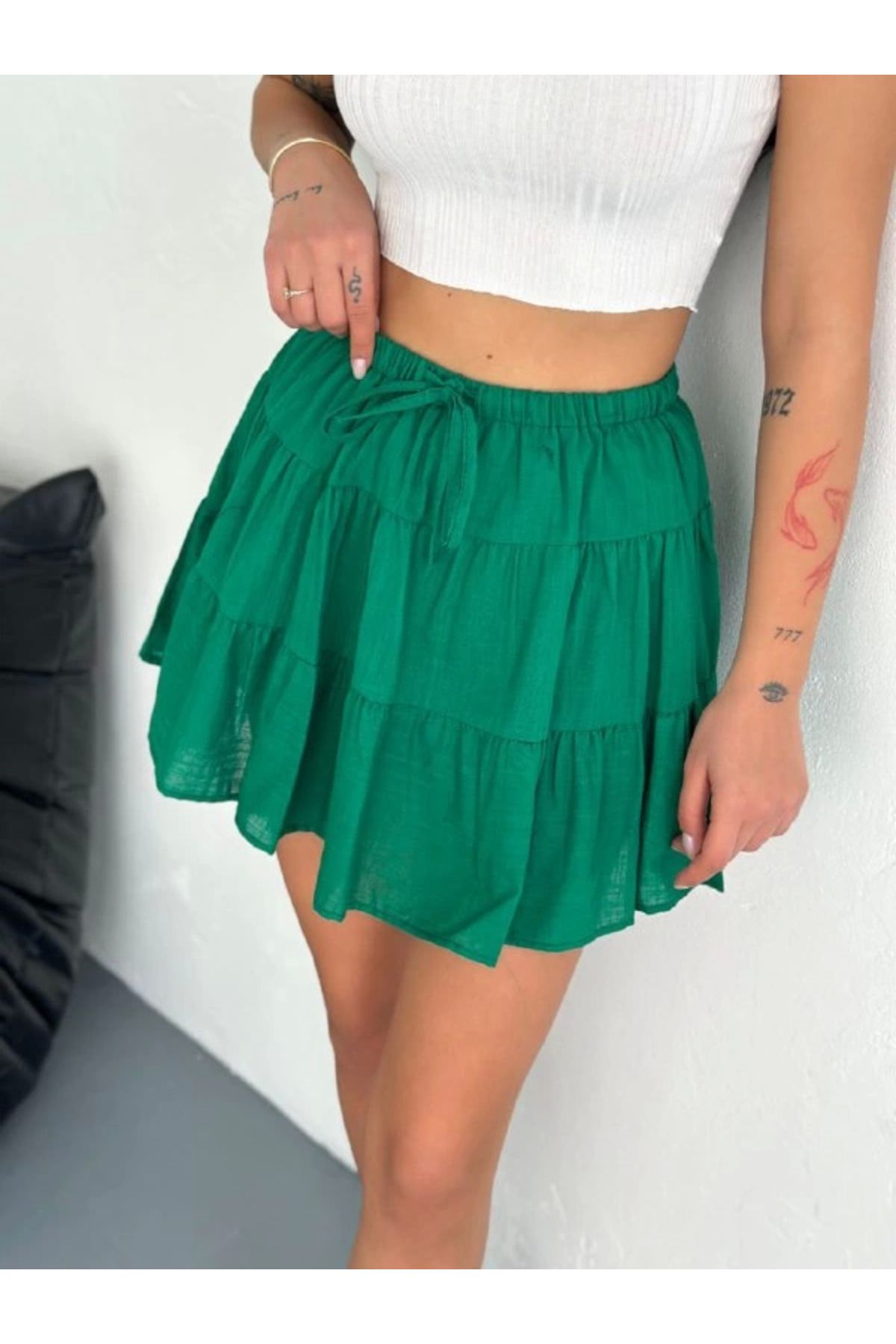 Pink Stil Keten Şortlu Etek - Yeşil