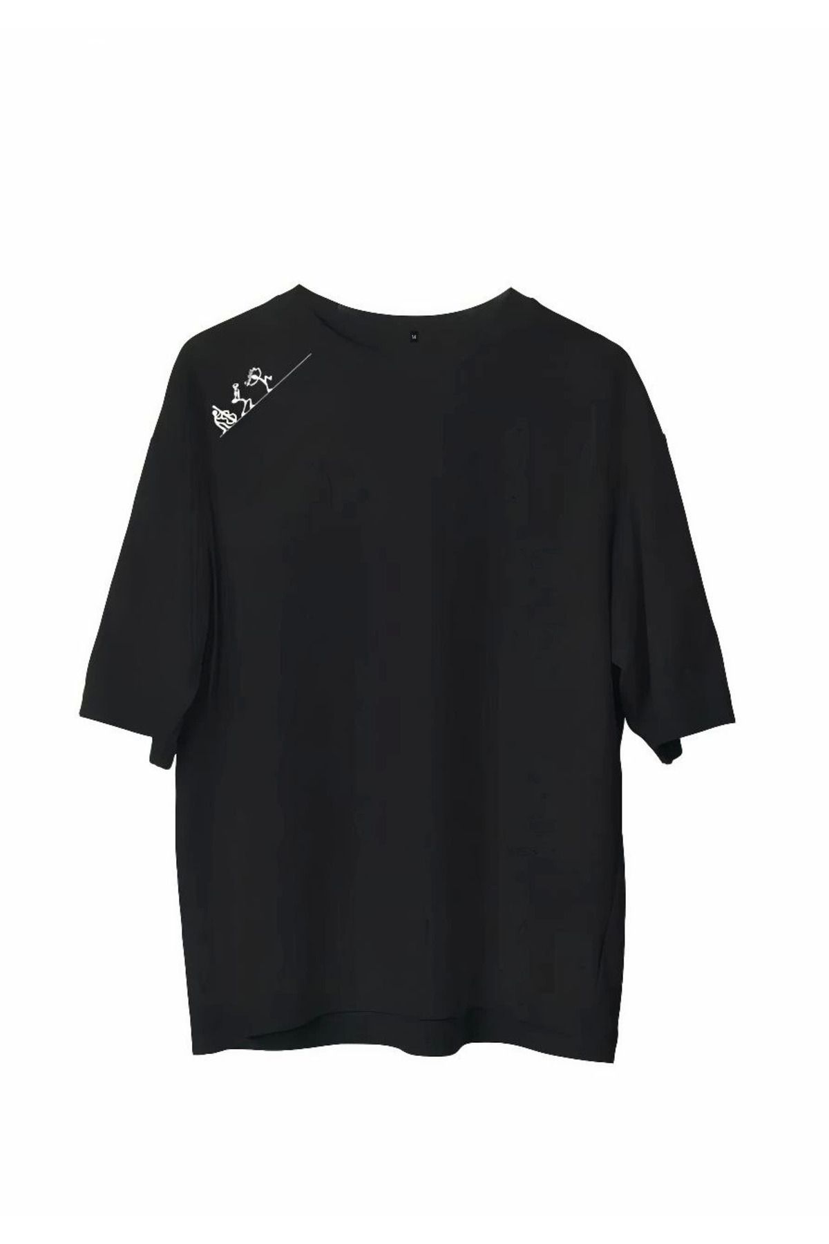 Pink Stil Unisex Bisiklet Yaka Baskılı Oversize T-Shirt - Siyah Pink Stil