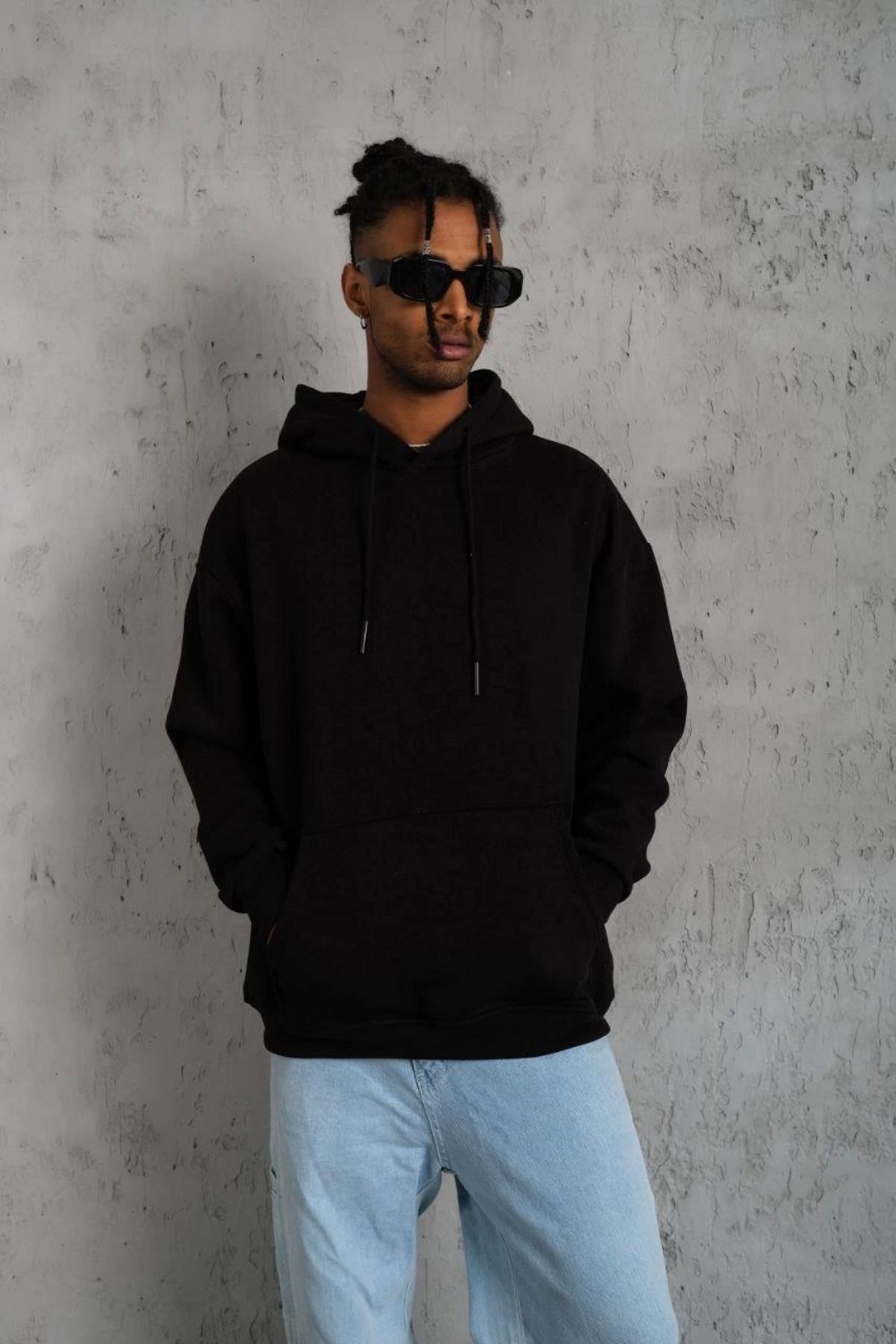 Pink Stil Erkek Düz Kapüşonlu Sweat - Siyah Pink Stil