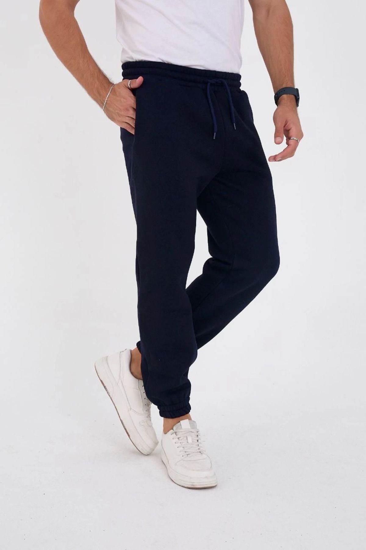 Pink Stil Unisex Kışlık Üç İplik Lastikli Eşofman Pantolon - Lacivert