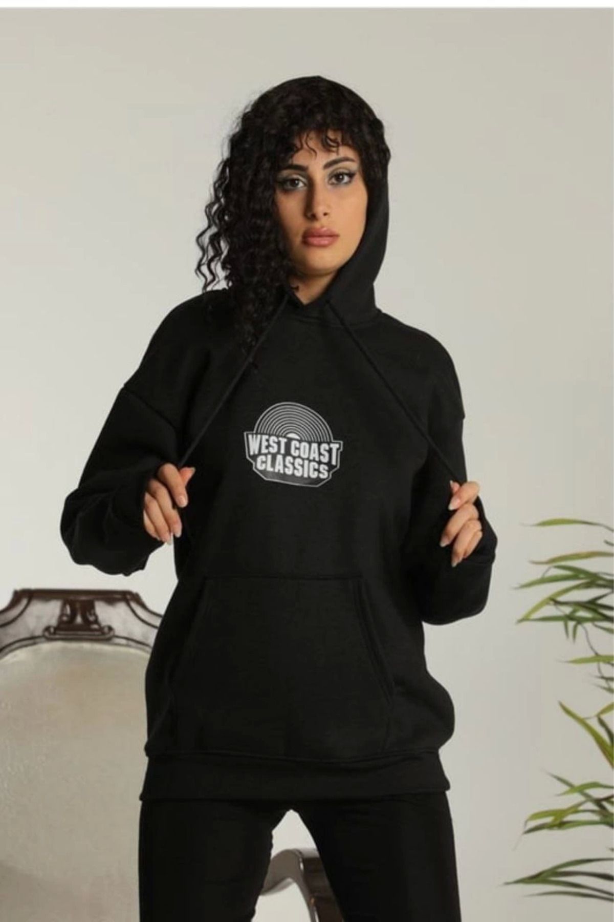 Vemora Unisex Sırt Baskılı Kapüşonlu Üç İplik Oversize Sweatshirt - Siyah