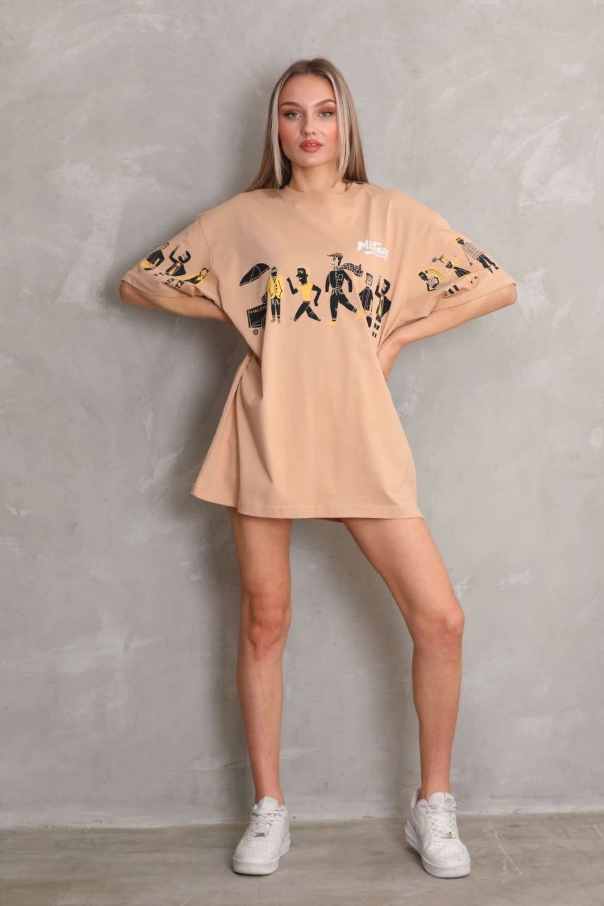 Vemora Unisex Bisiklet Yaka Baskılı Oversize T-Shirt - Bej