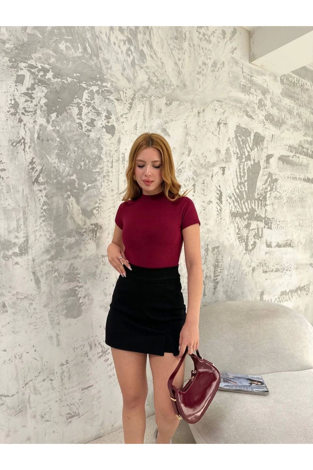 Pink Stil Kadın Kısa kol Badi bluz - Bordo
