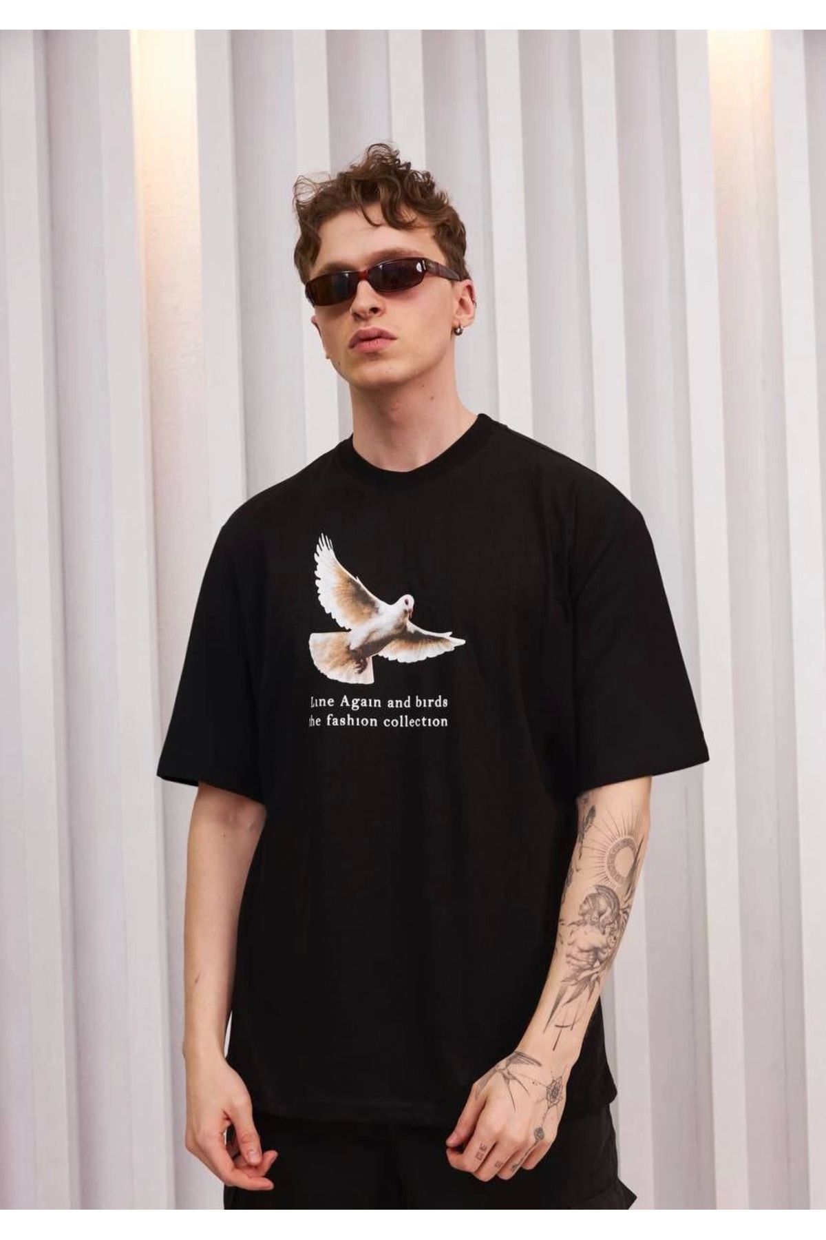 Pink Stil Unisex Bisiklet Yaka Baskılı Oversize T-Shirt - Siyah Pink Stil
