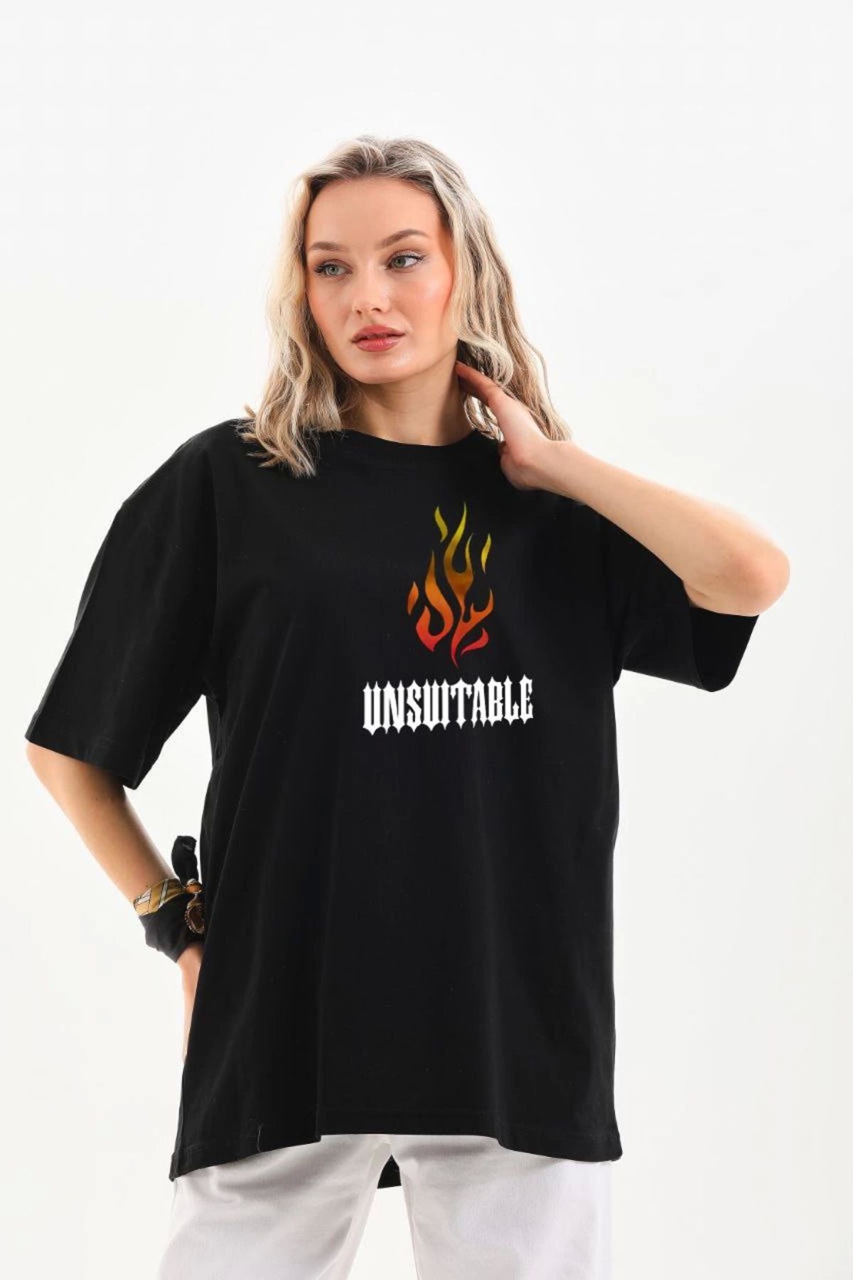Pink Stil Unisex Bisiklet Yaka Baskılı Oversize T-Shirt - Siyah Pink Stil