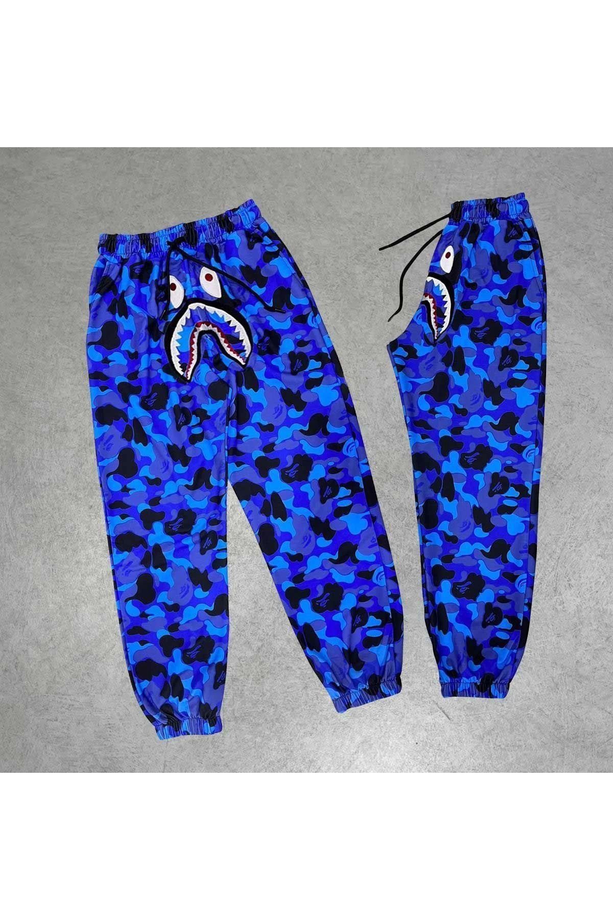 Pink Stil Unisex Pubg Bape x Shark Eşofman Altı - Mavi