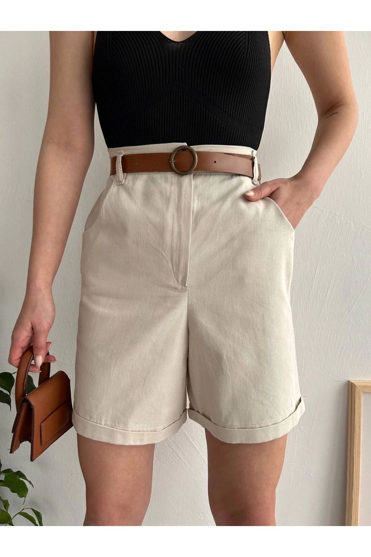 THEFOF Premium gabardin kumaş kadın etek şort günlük yeni sezon