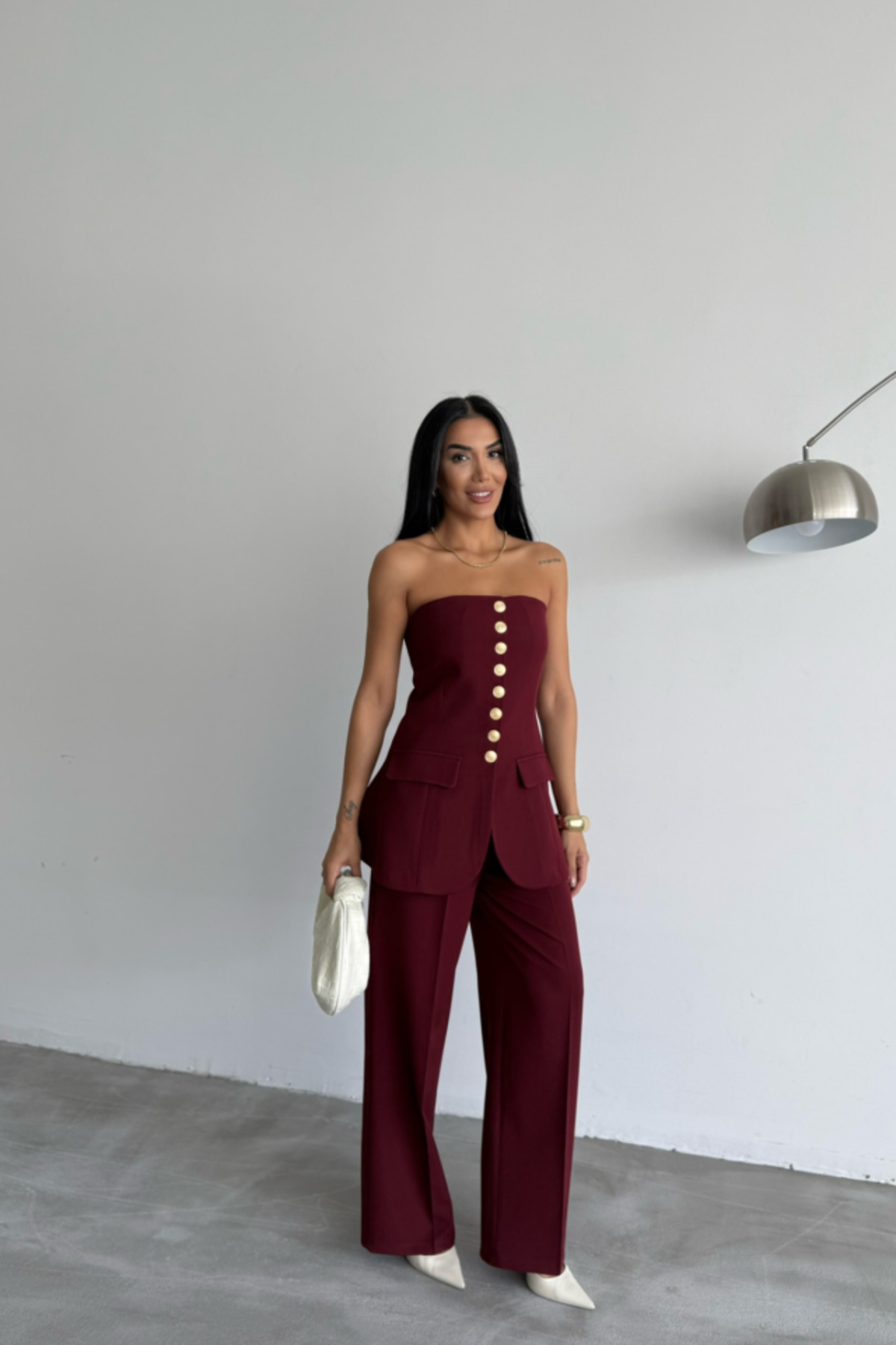etol textile-Design Gold Buttoned Strapless Vest - Claret Red 4