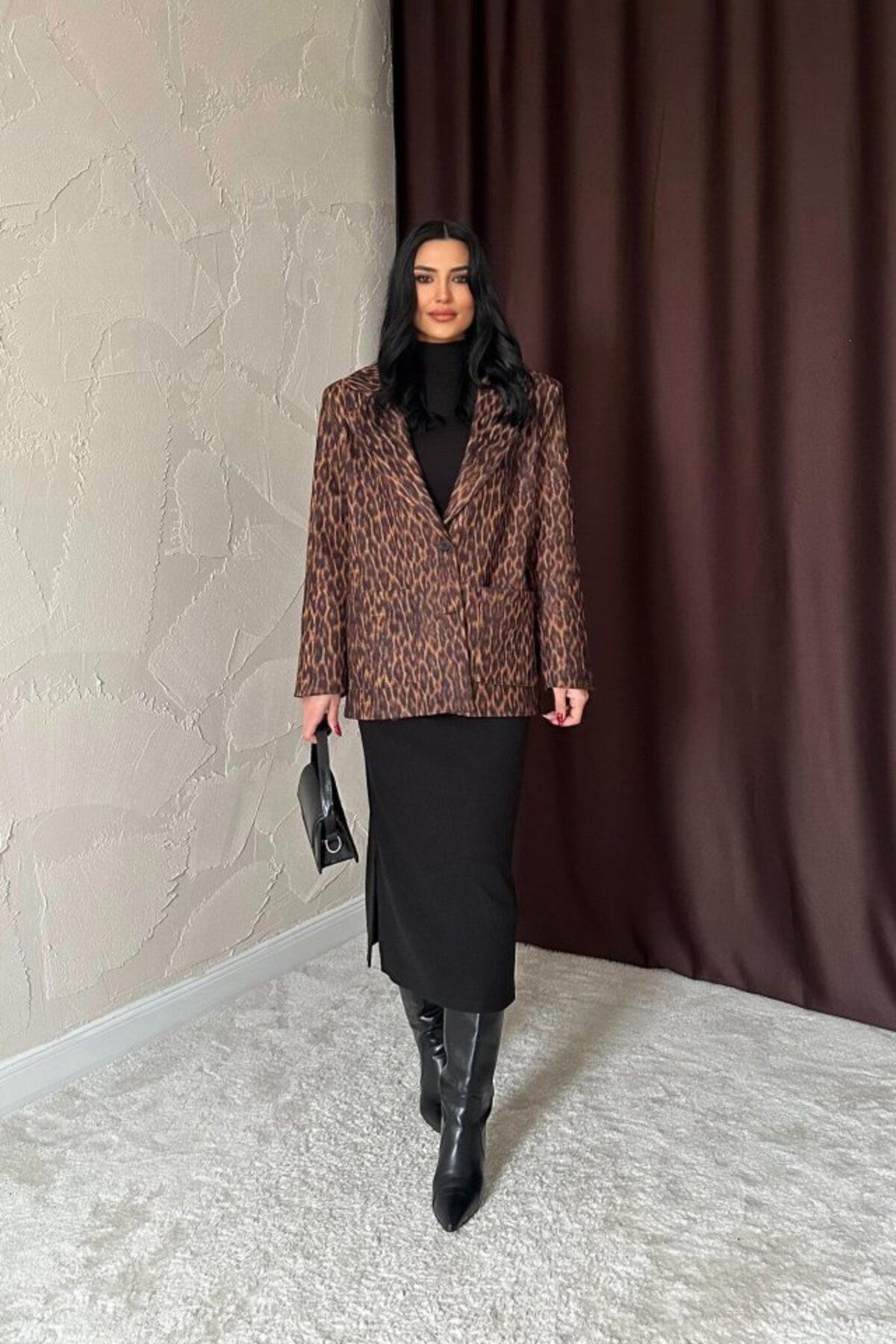 velmorafashion Leopar Yakası Kürk Garnili Desenli Ceket