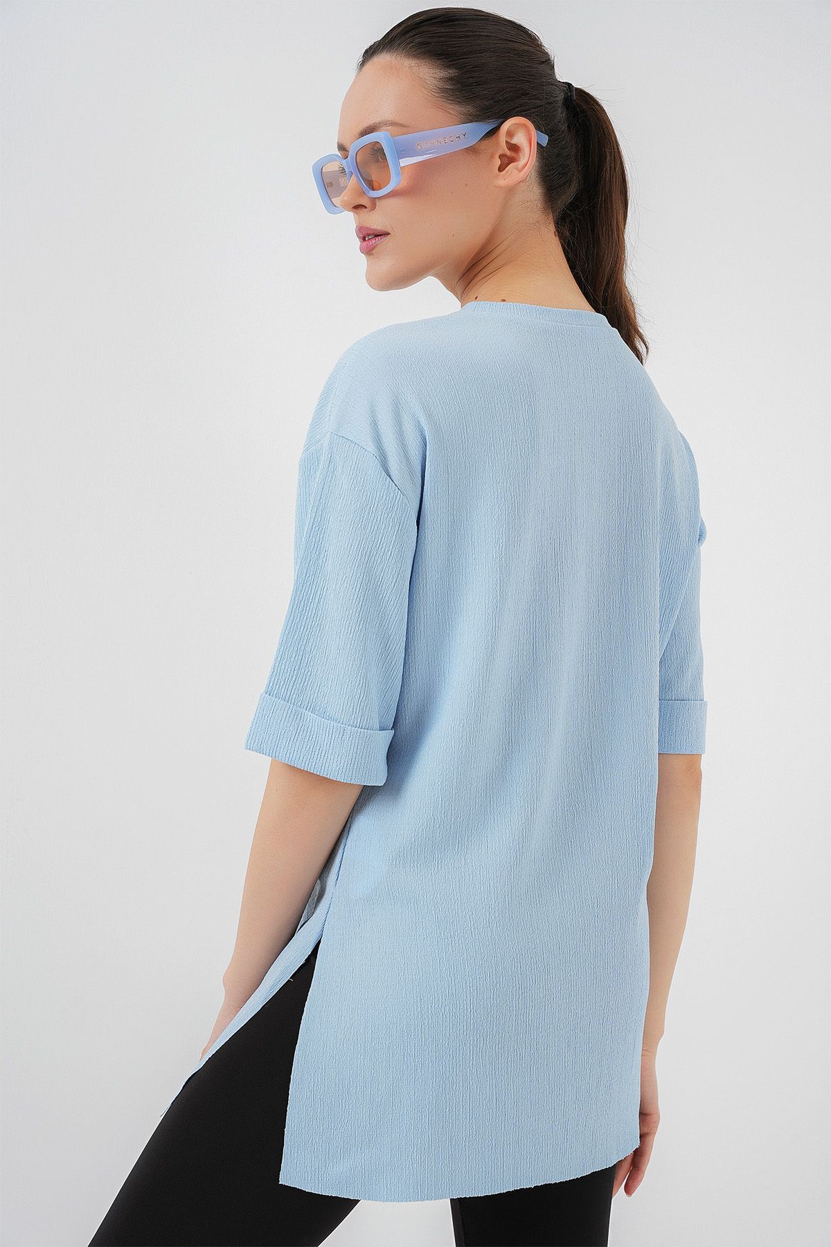 Bigdart-Blue 4332 Knitted T-Shirt with Side Slits 5