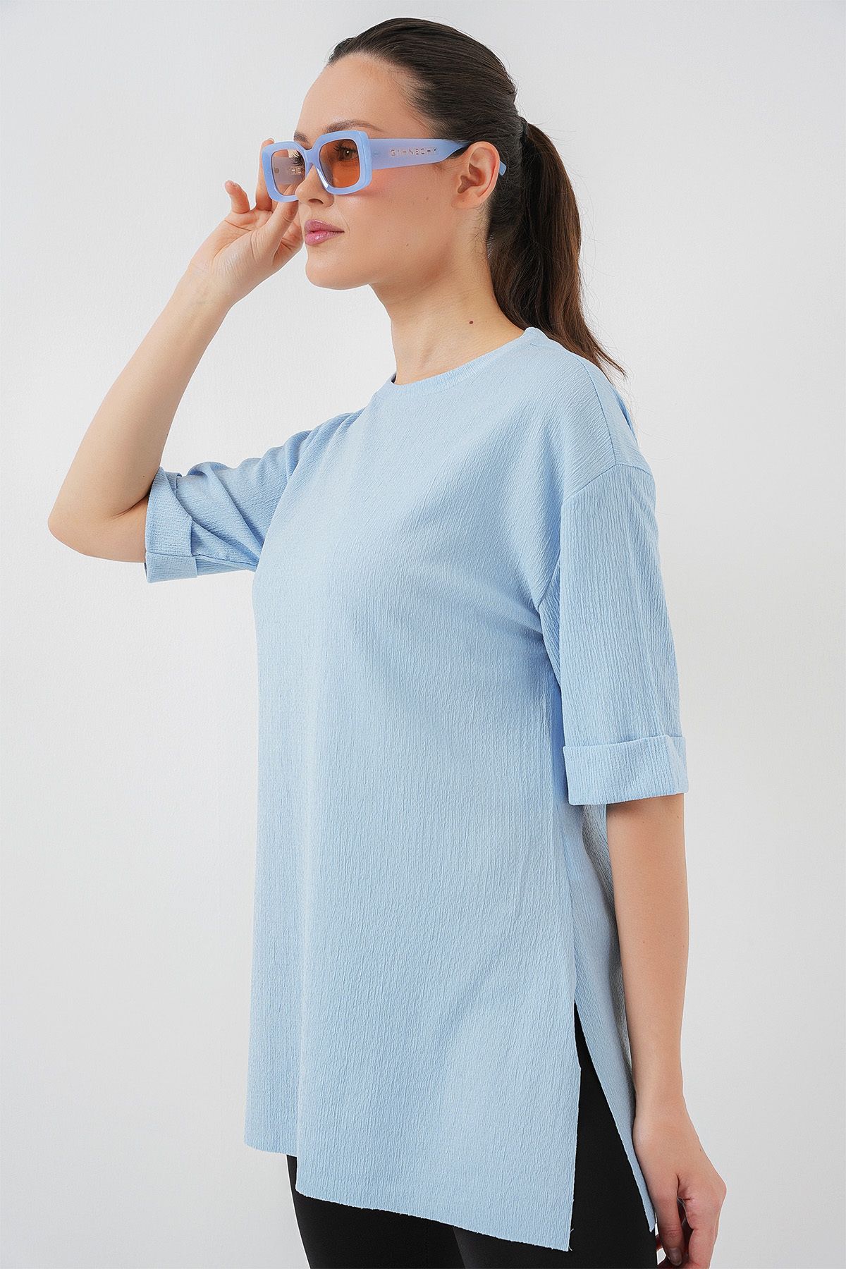 Bigdart-Blue 4332 Knitted T-Shirt with Side Slits 2