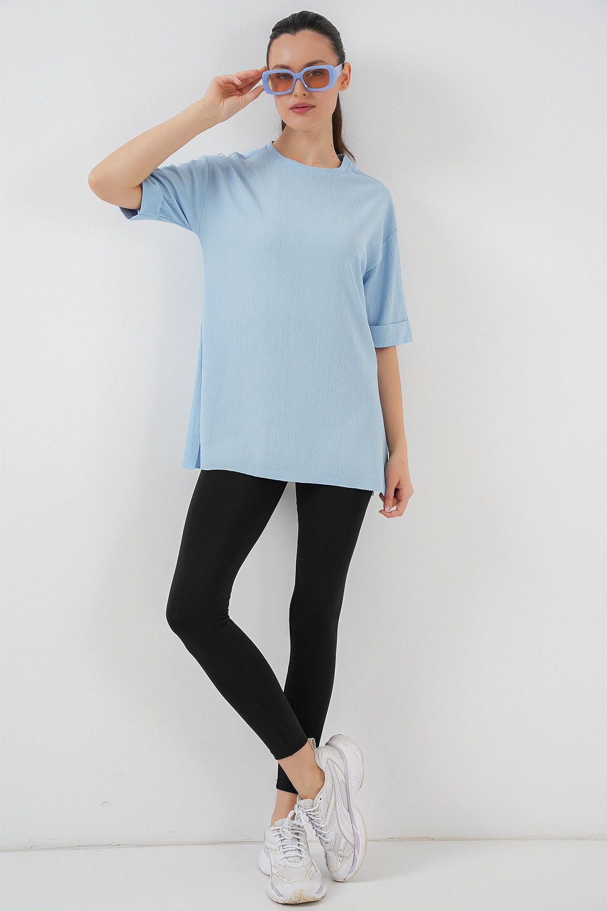 Bigdart-Blue 4332 Knitted T-Shirt with Side Slits 3