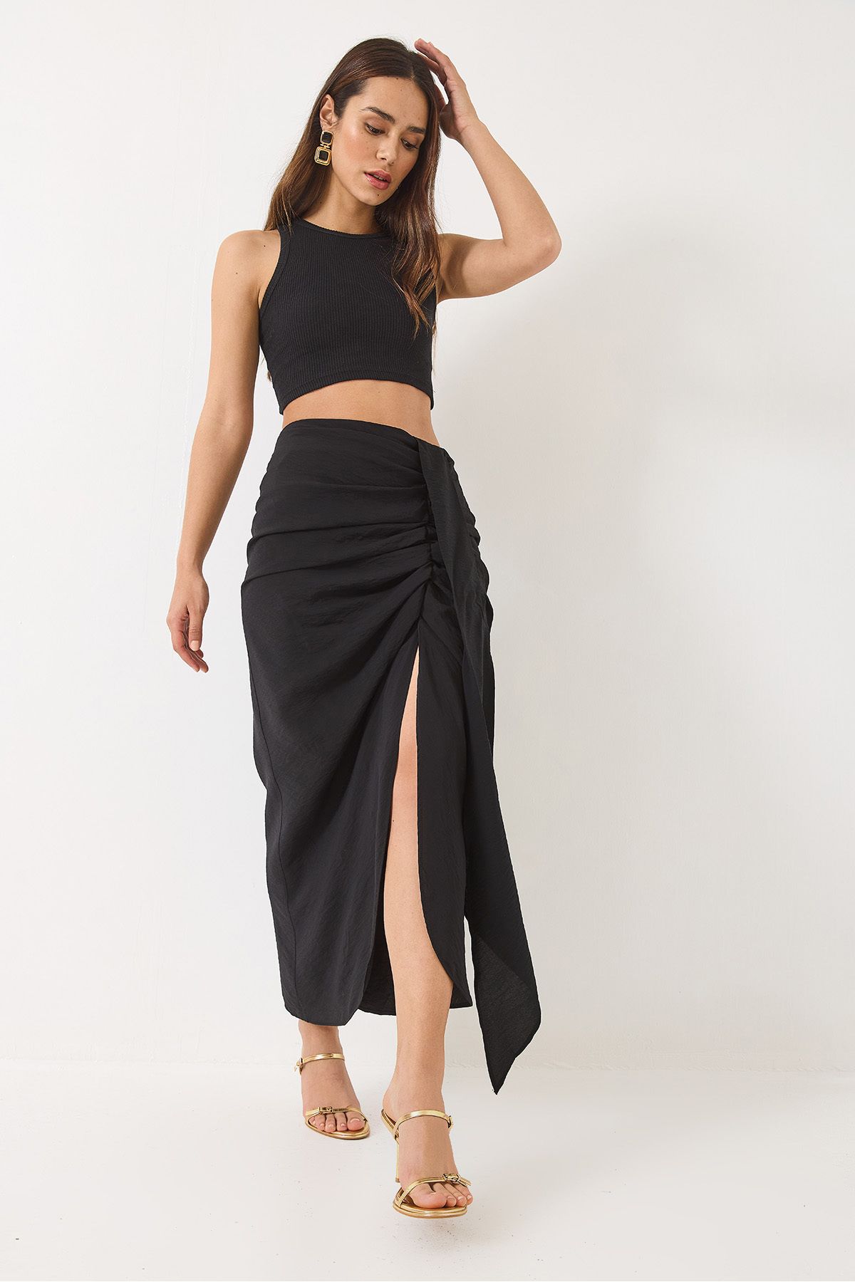 Bianco Lucci-Women's Back Gathered Slit Detailed Lined Skirt 241041 60282011 7