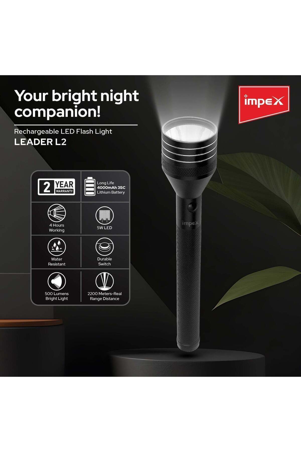 İMPEX-Impex Leader L2 2000mah Rechargeable Led Flashlight - Leader L2, Gunmetal, Usb Input, Cree Xpe Led 2