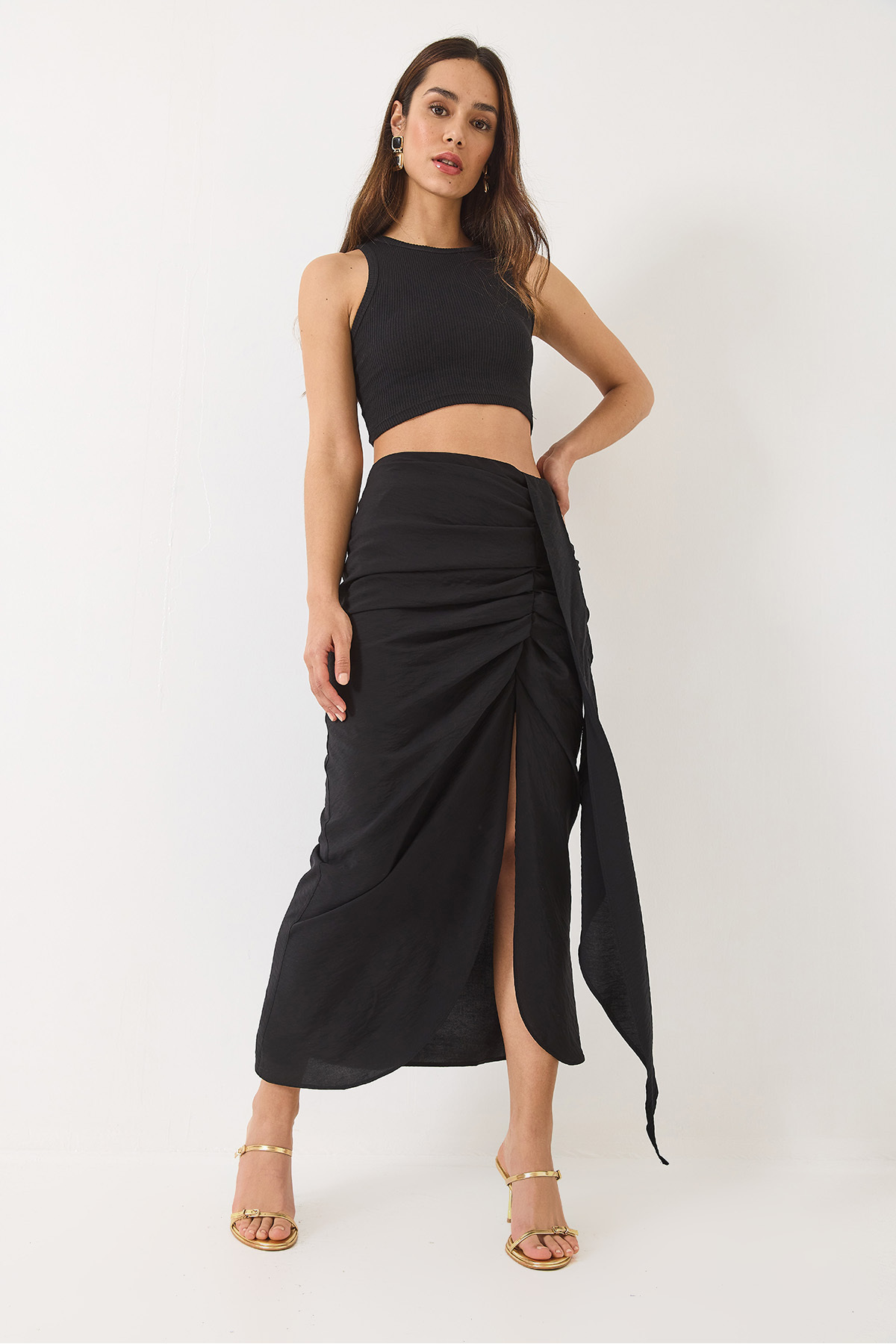 Bianco Lucci-Women's Back Gathered Slit Detailed Lined Skirt 241041 60282011 6