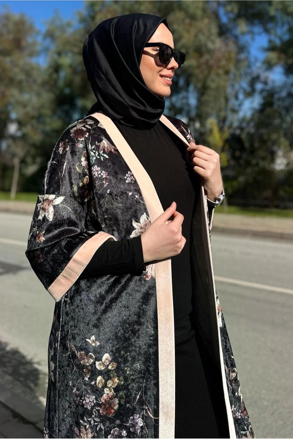 ژاکت کیمونو مخملی طرح گل 4785 Alvina