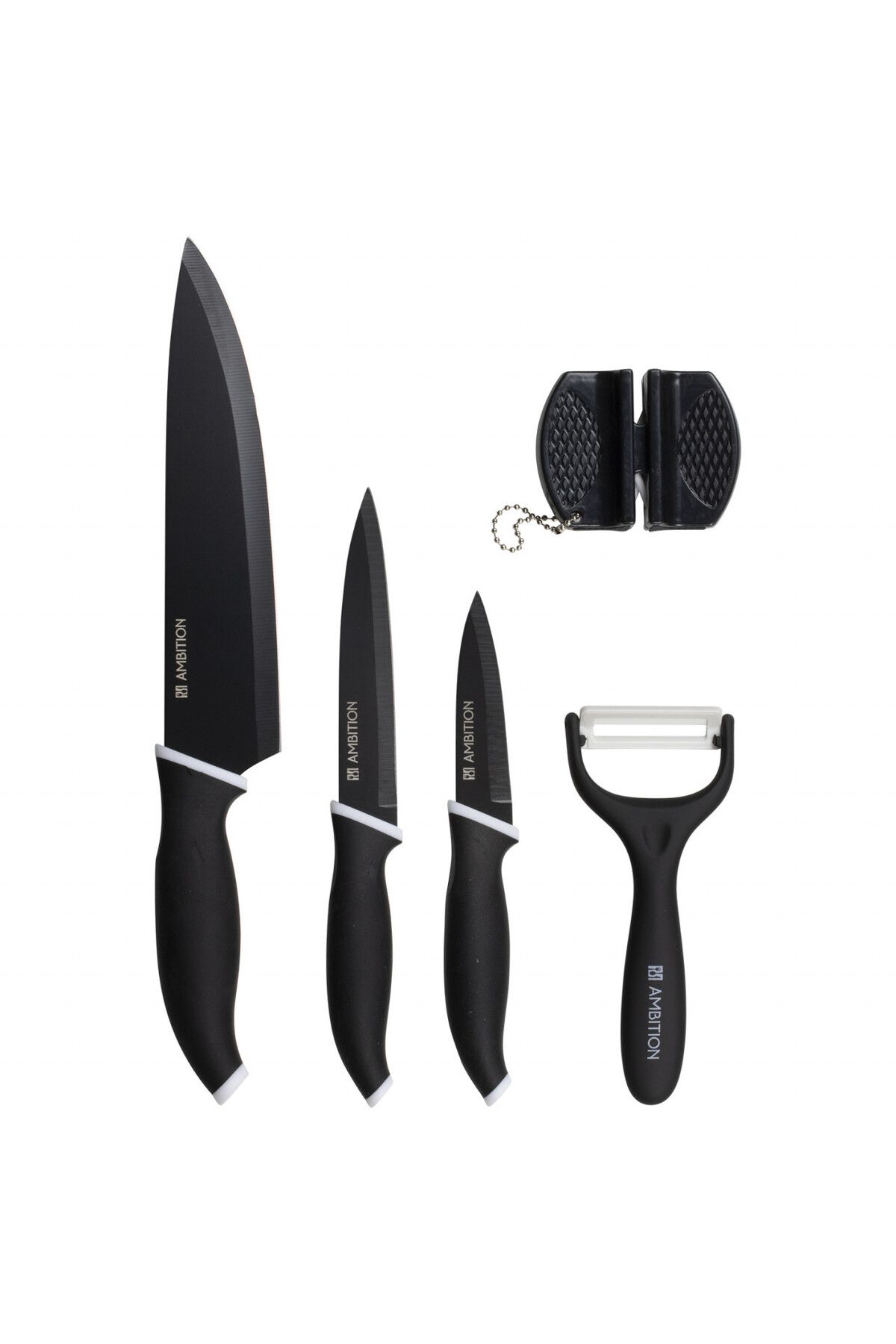 Ambition-Knife set, 5 pieces, includes sharpener and peeler, black, Elementi 1