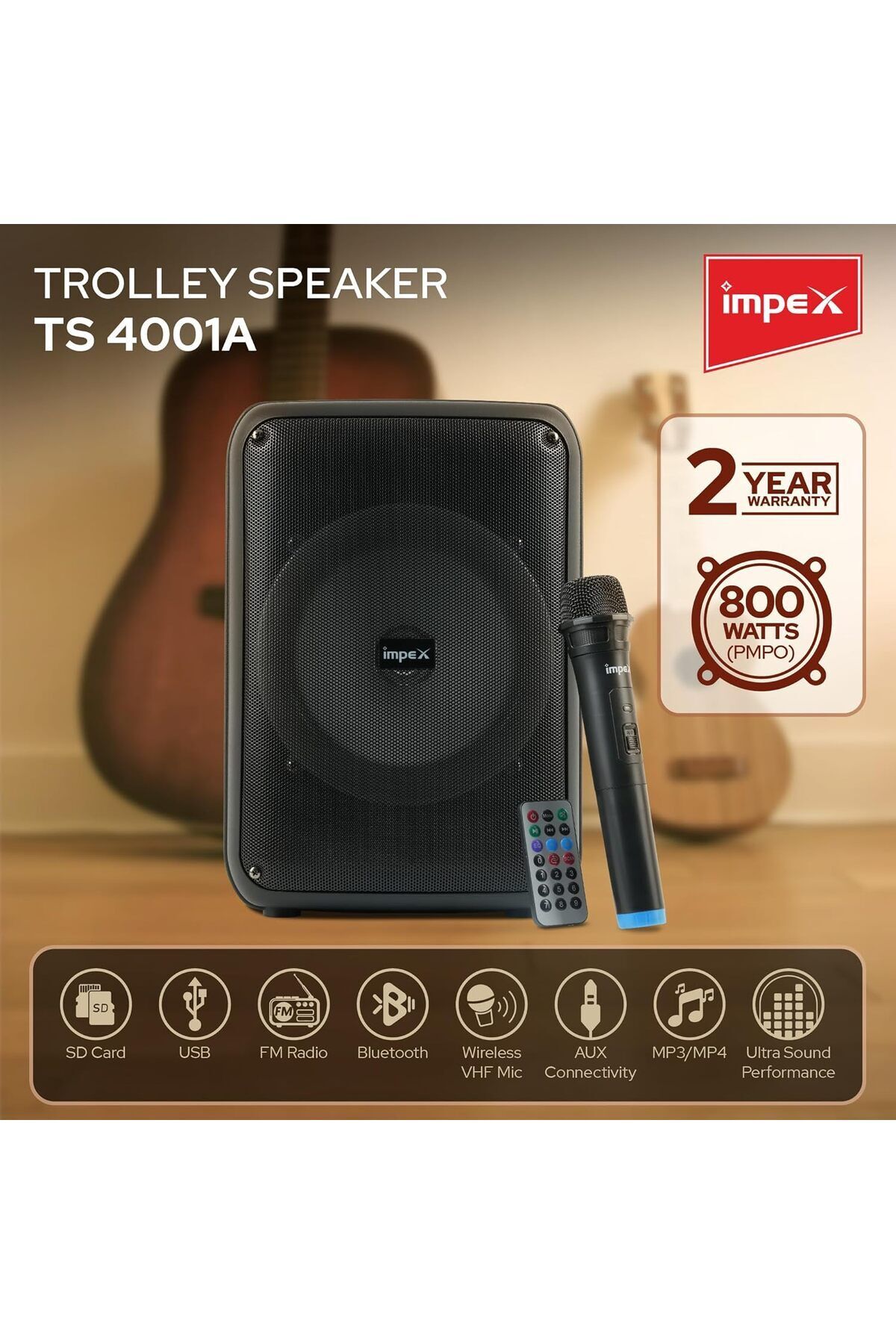 İMPEX-8 Inch Portable Trolley Bluetooth Speaker Ts4001a - 800w Pmpo, Wireless Mic, Led Display & Light 2