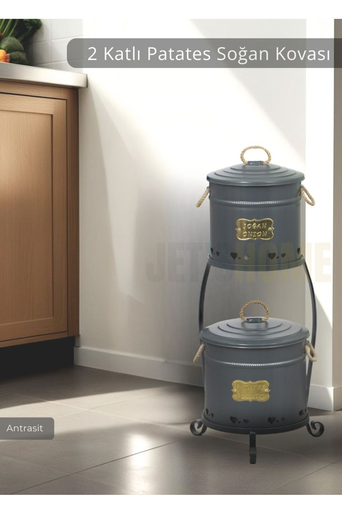 Jet's Home Patates Soğan Kovası 2 Katlı Sebzelik Paslanmaz Organizer Patates Soğan Sepeti Antrasit