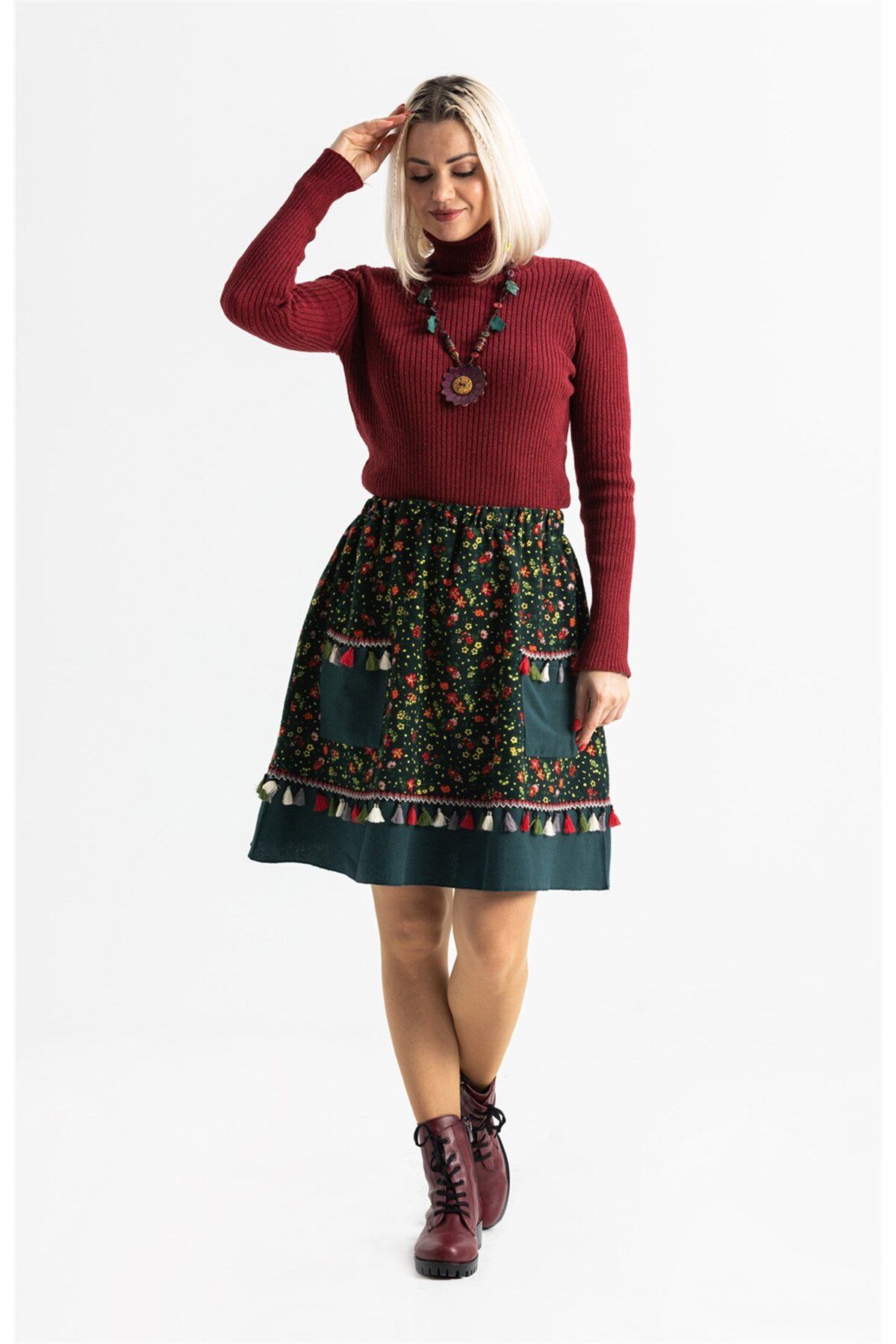 Eliş Şile Bezi-Azra Flannel Crispy Pattern Κοντή φθινοπωρινή και χειμερινή φούστα πράσινη Ysl 4