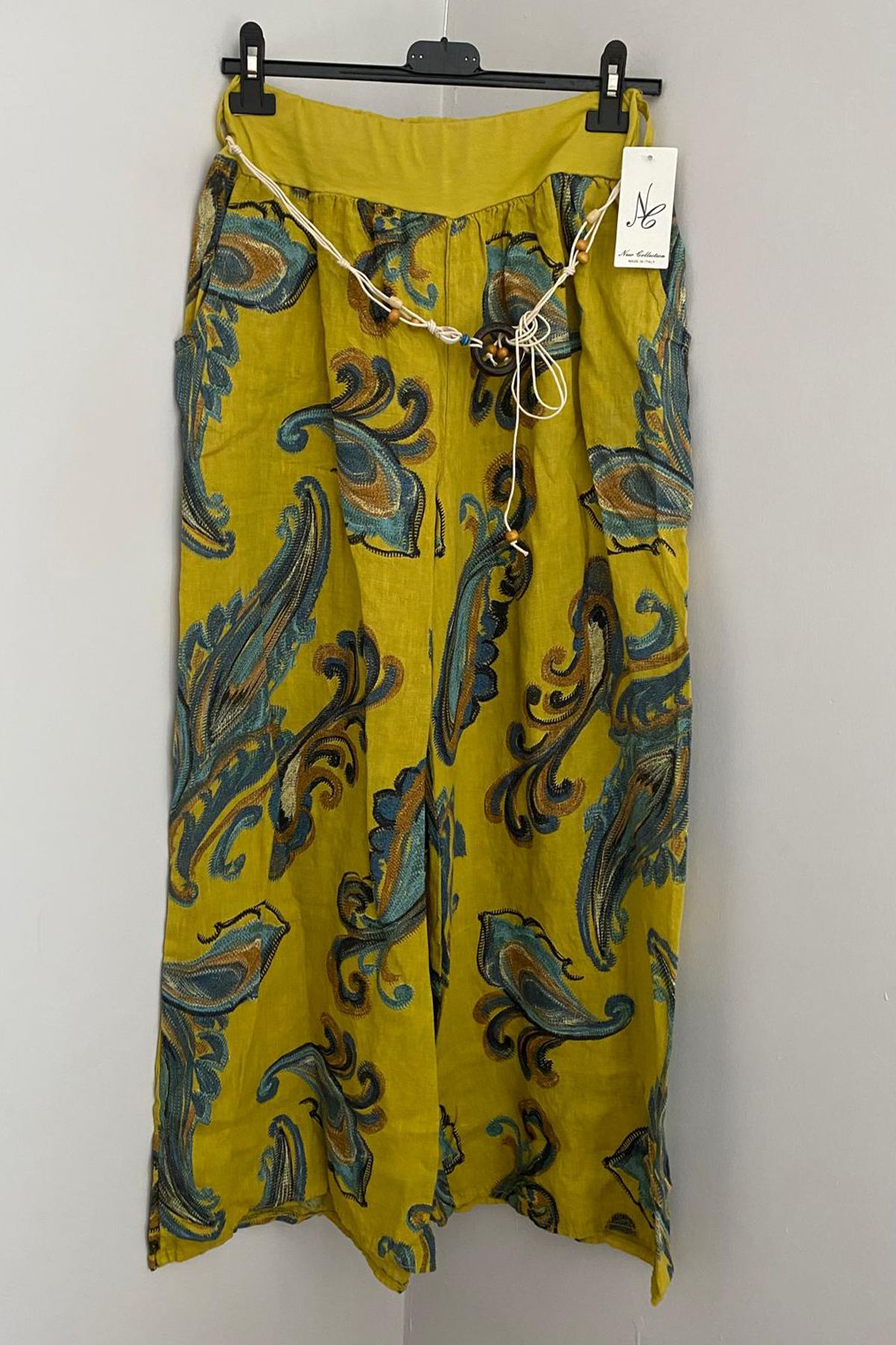 AYASOFYA OTANTIK-Women's Italian Yellow Rope Belt Detailed Loose Wide Leg Linen Trousers with Side Pockets 1