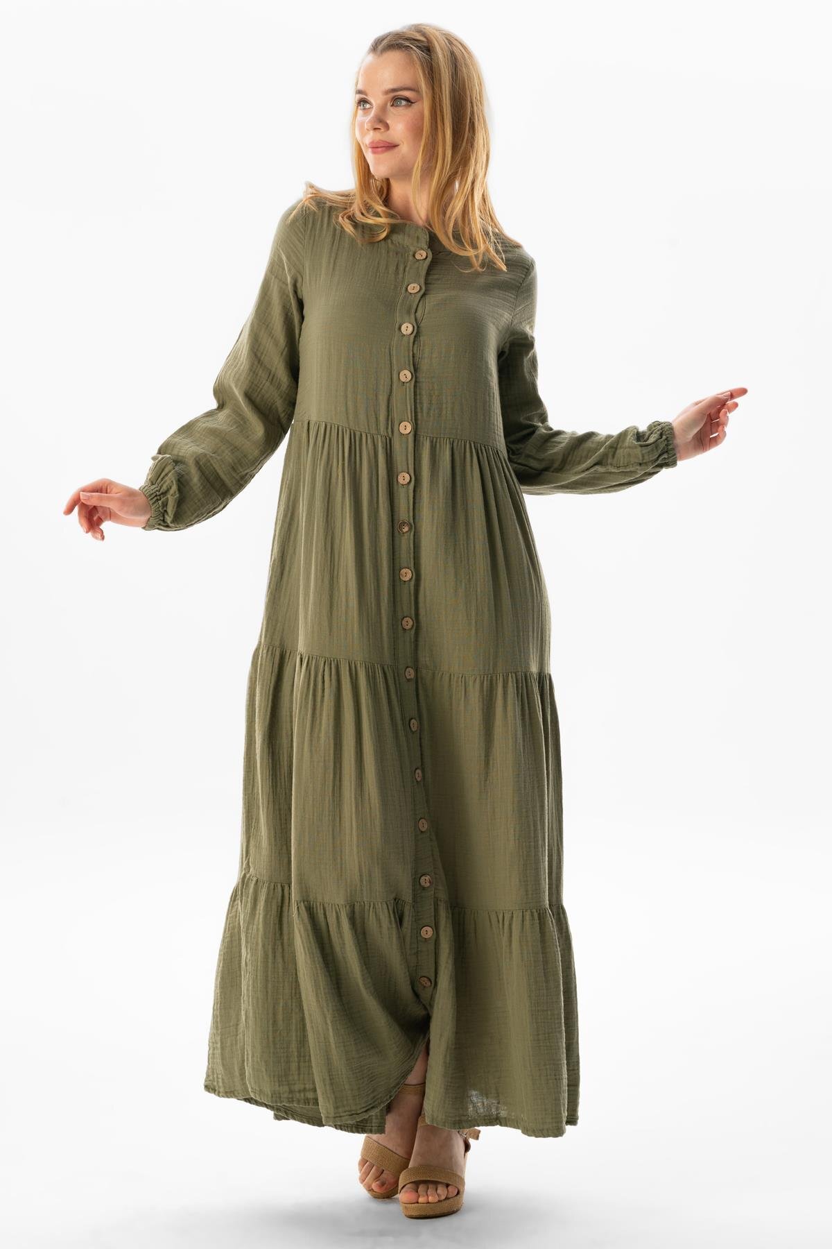 Long Sleeve Seasonal Muslin Abaya Khaki Hk