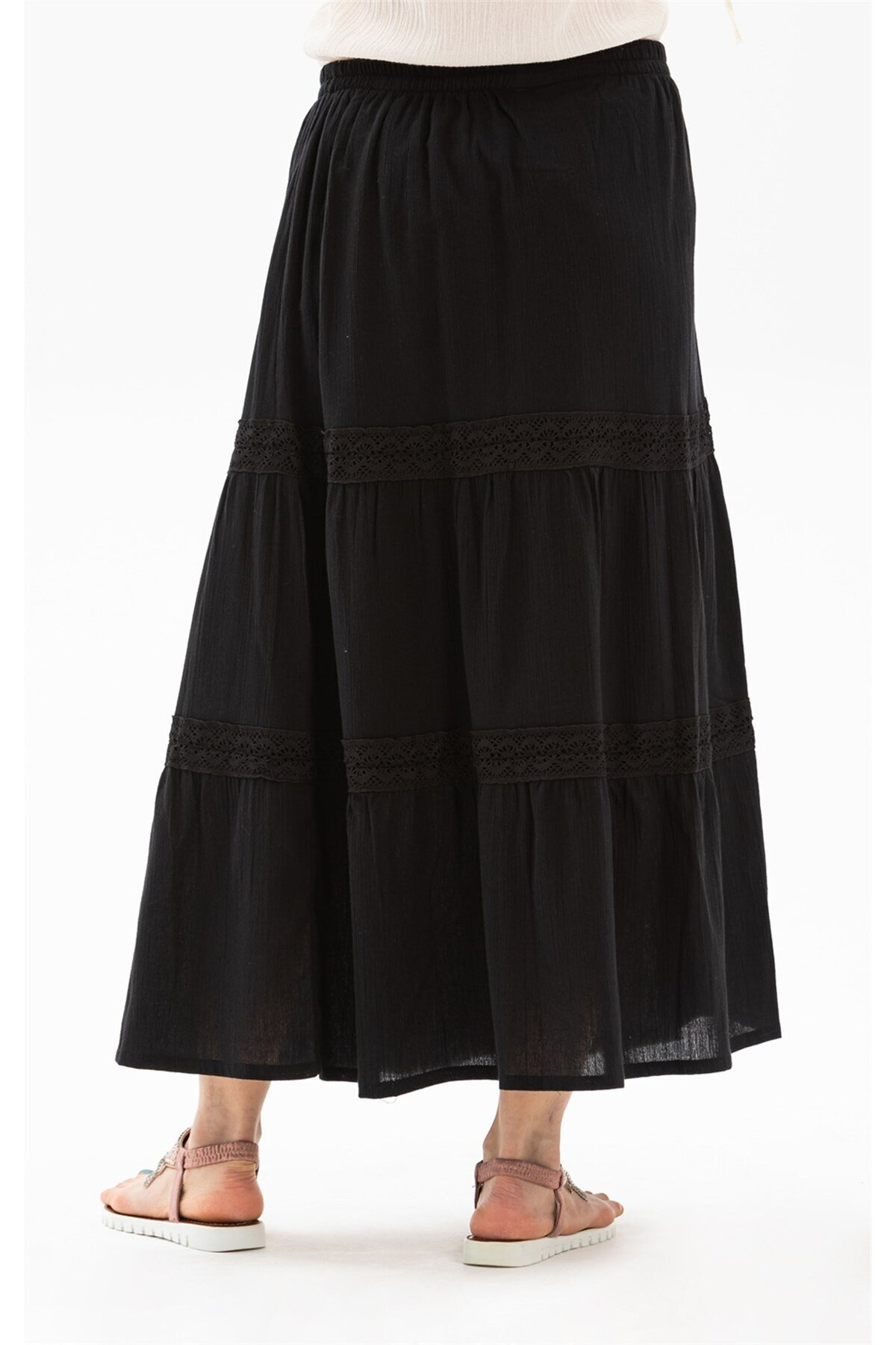Eliş Şile Bezi  Uzun Şile Bezi Dantelli Yazlık Etek Siyah Syh - Görsel 4
