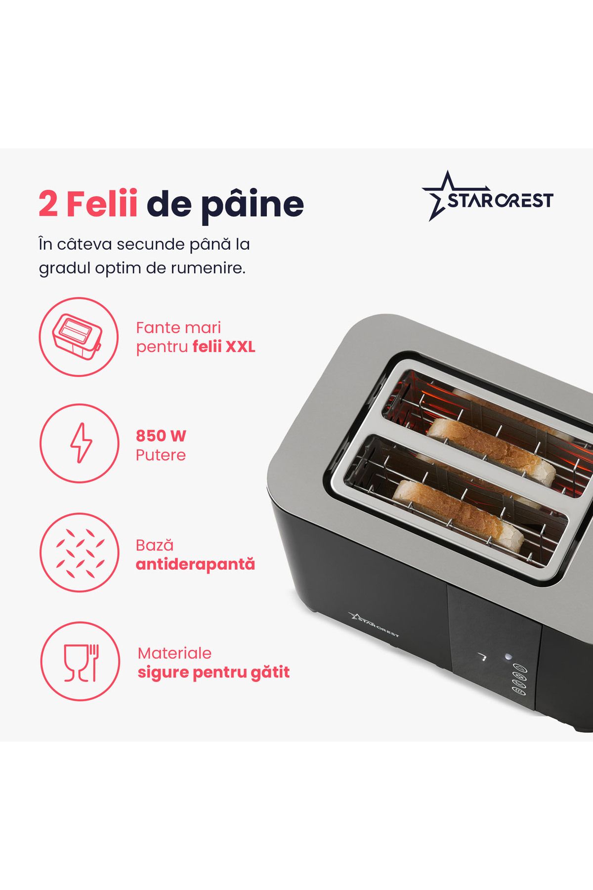 STARCREST-Prajitor de paine digital STARCREST SDT-850BLK, 850 W, 2 felii, Display Led Touch, 4 Functii, Negru 3