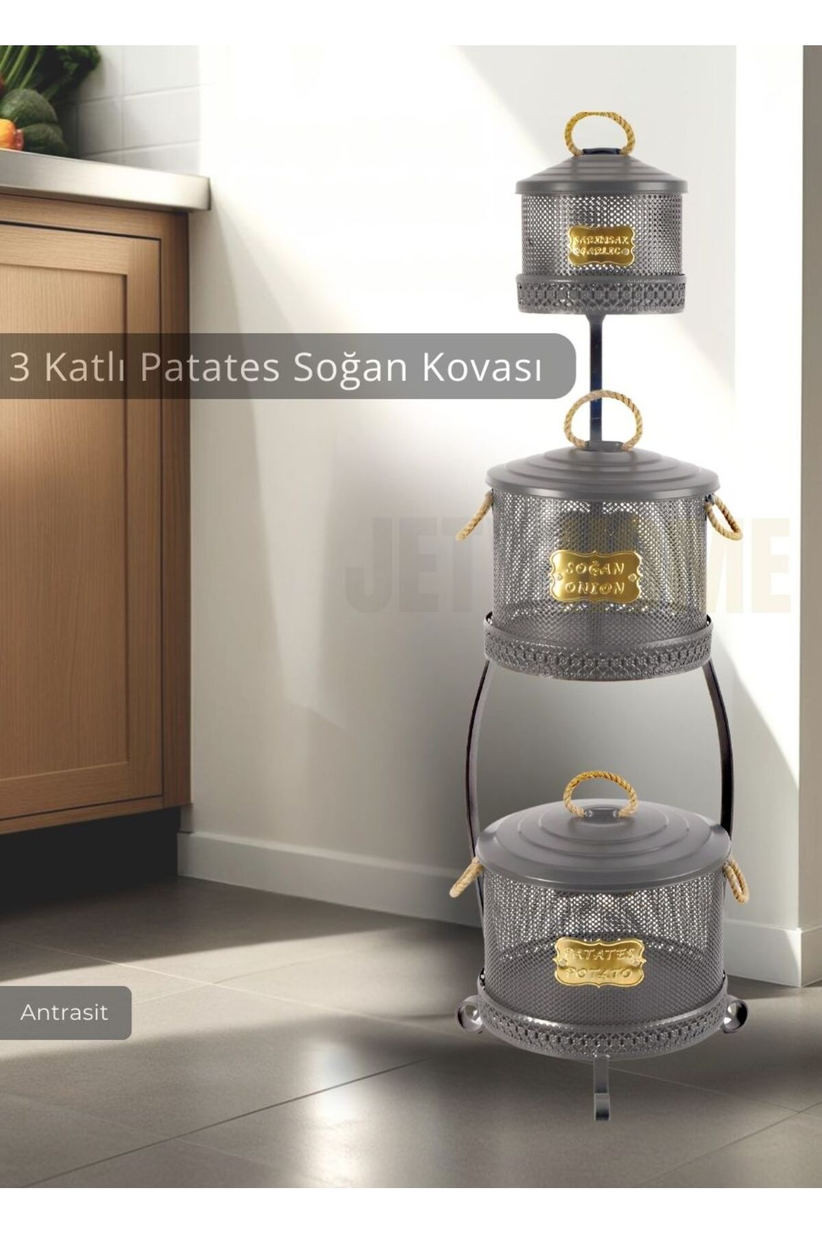 Jet's Home Patates Soğan Sarımsak Kovası 3 Katlı Sebzelik Paslanmaz Organizer Patates Soğan Sepeti Antrasit