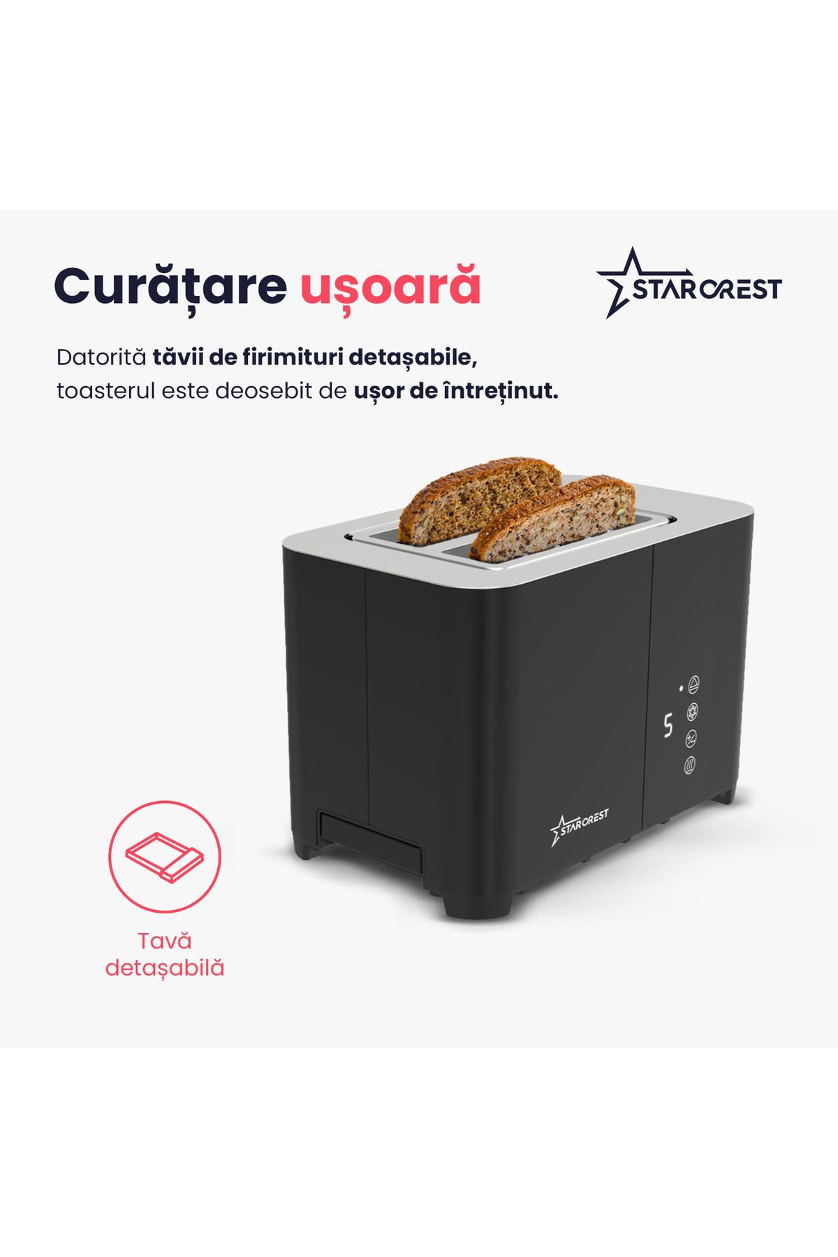 STARCREST-Prajitor de paine digital STARCREST SDT-850BLK, 850 W, 2 felii, Display Led Touch, 4 Functii, Negru 7