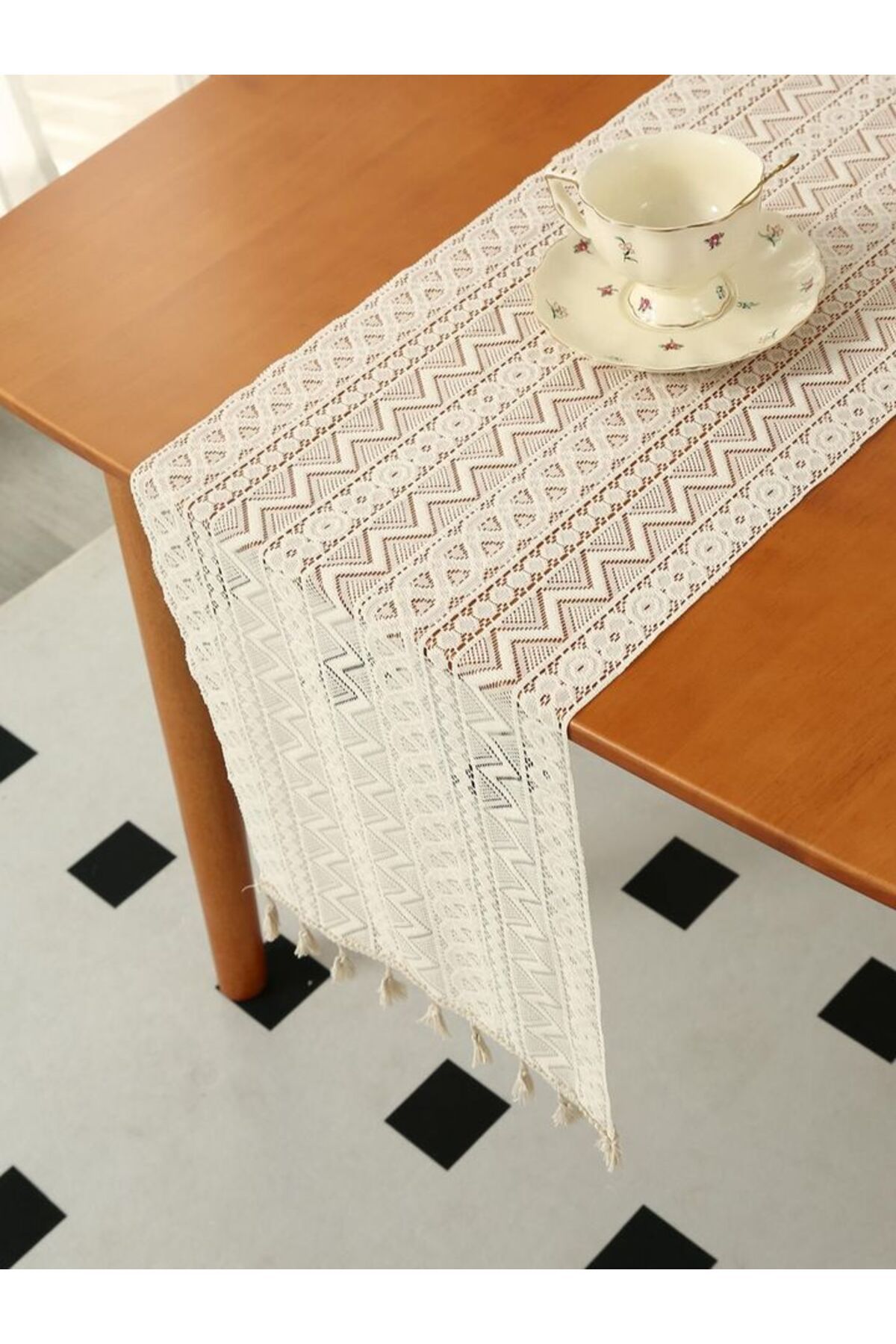 Choice-30x90cm khaki Beige Table Runner Lace Cotton Blended Fabric with Tassel For Coffee Table Decor Weddi 8