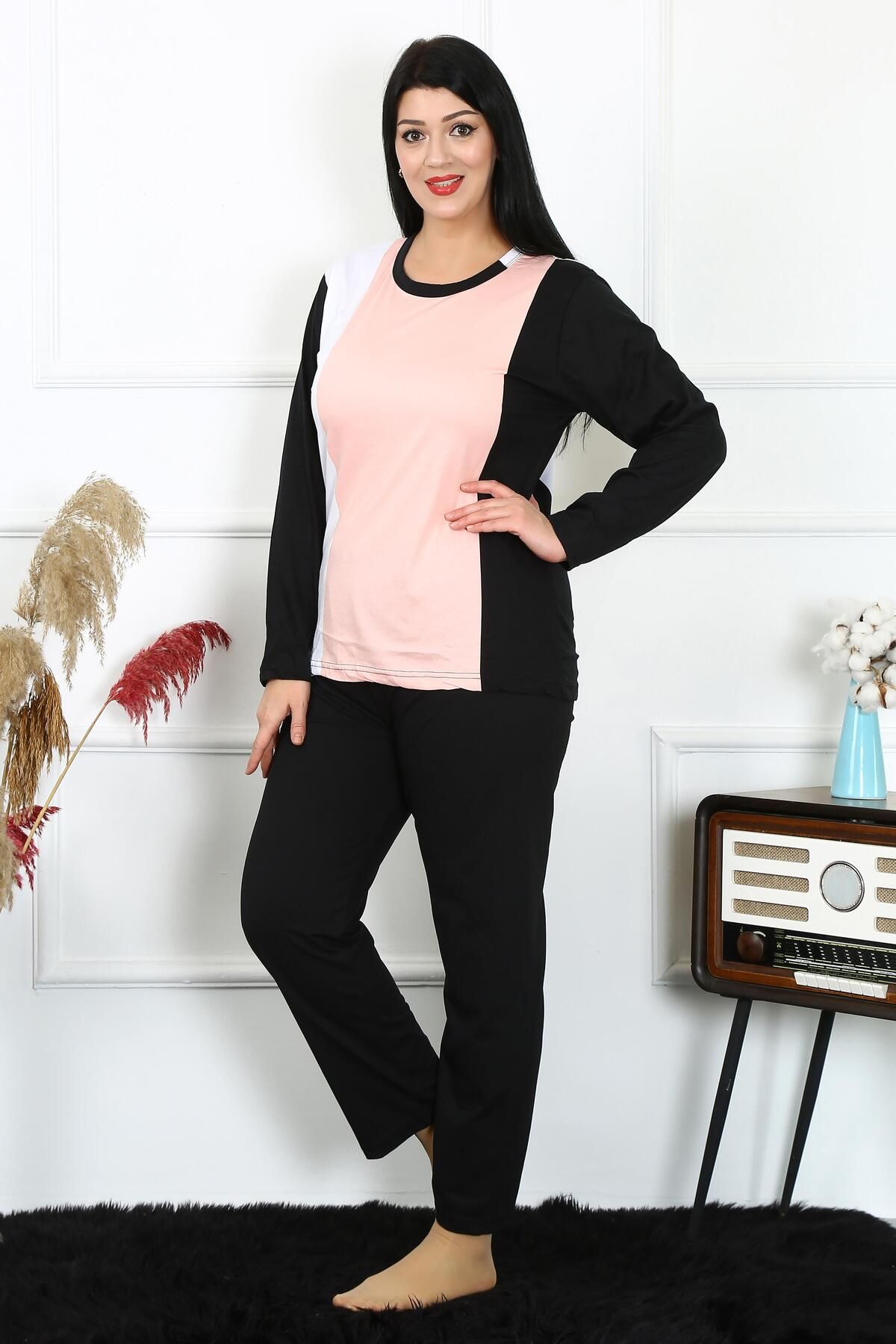 COXO Fashion`S Moda Çizgi Women's Plus Size Combed Cotton Long Sleeve Pajama Set 202213