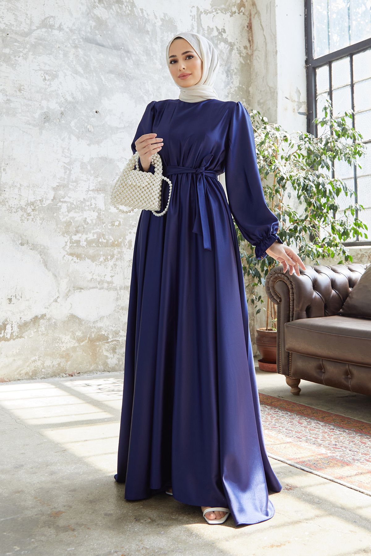 VAVİNOR-Satin Belted Liza Dress - Indigo 4