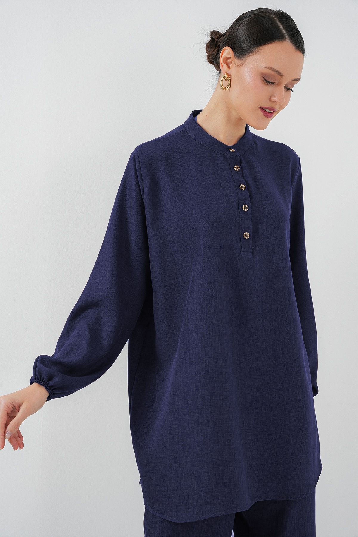 Bigdart-Navy Blue 6678 Linen Tunic and Pantalon Double Set 2