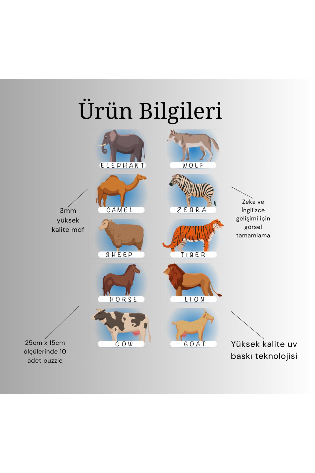 Karter İnovasyon-Animals English Puzzle Matching Card - Montessori Education Toy 7
