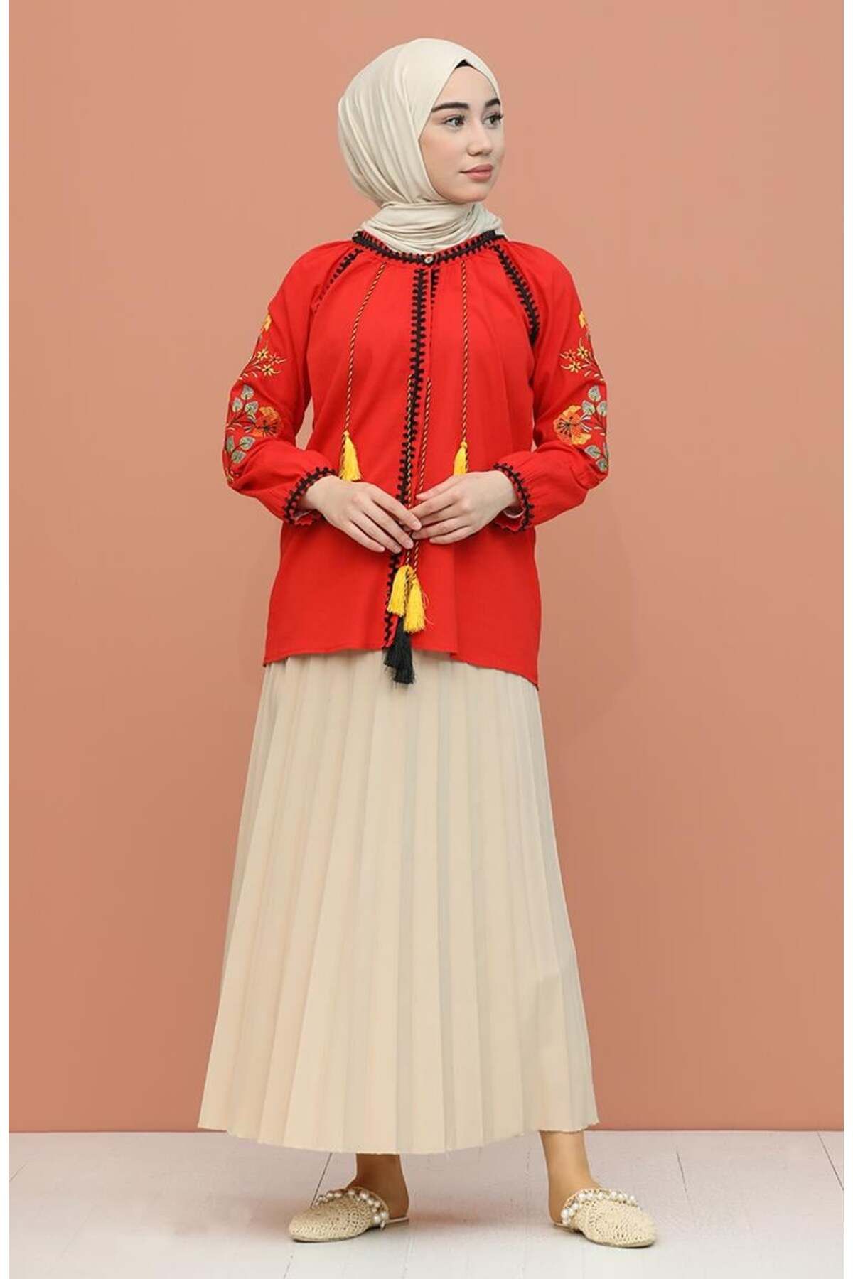 Eliş Şile Bezi-Long Sleeve Şile Cloth - Nigar Summer Blouse (Red / Krmz) 6