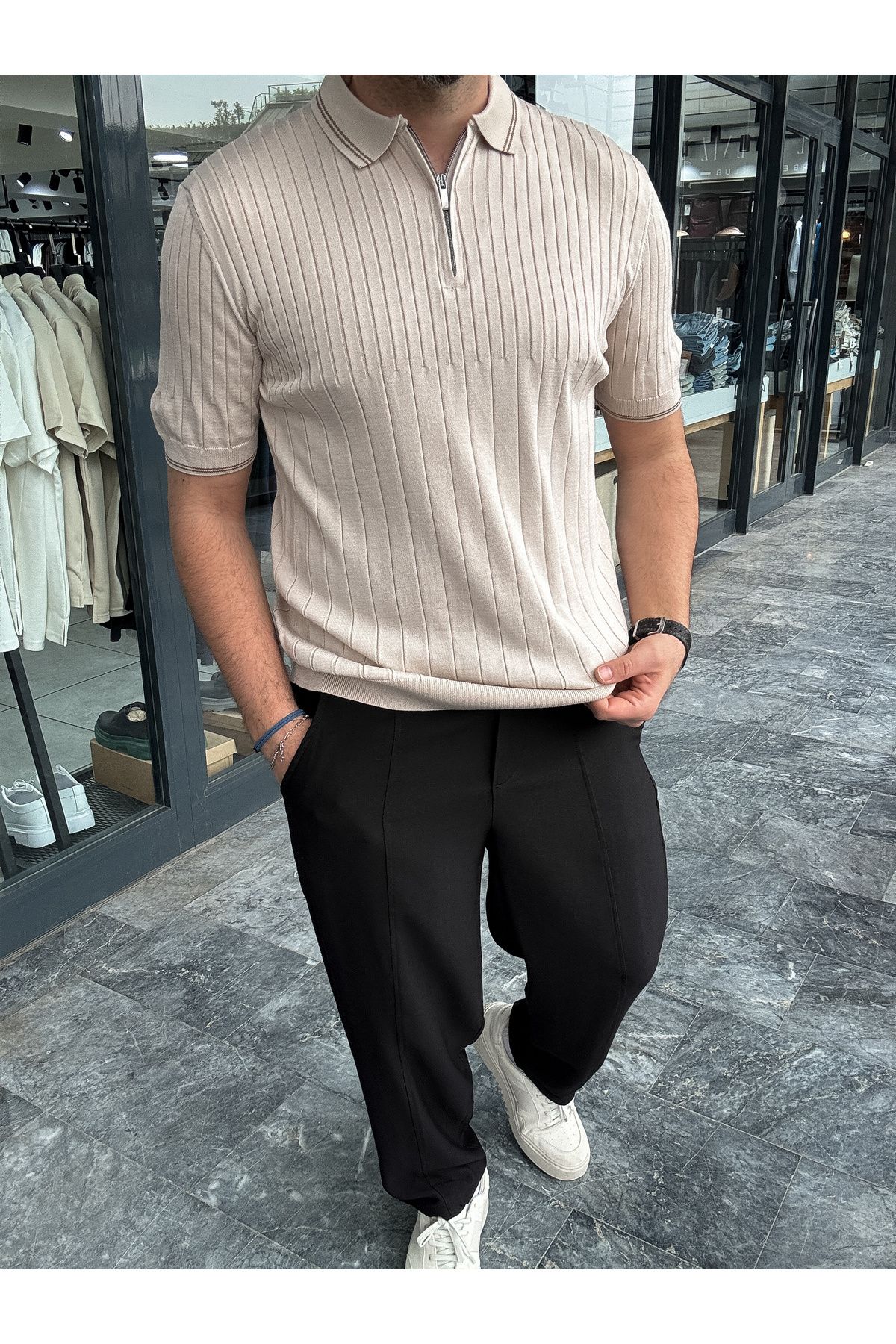 BYBASICMAN-Beige Half Zipper Ribbed Polo Neck T-Shirt Yp-5004/ 3