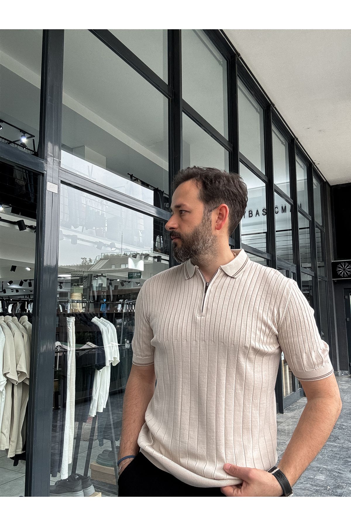 BYBASICMAN-Beige Half Zipper Ribbed Polo Neck T-Shirt Yp-5004/ 7