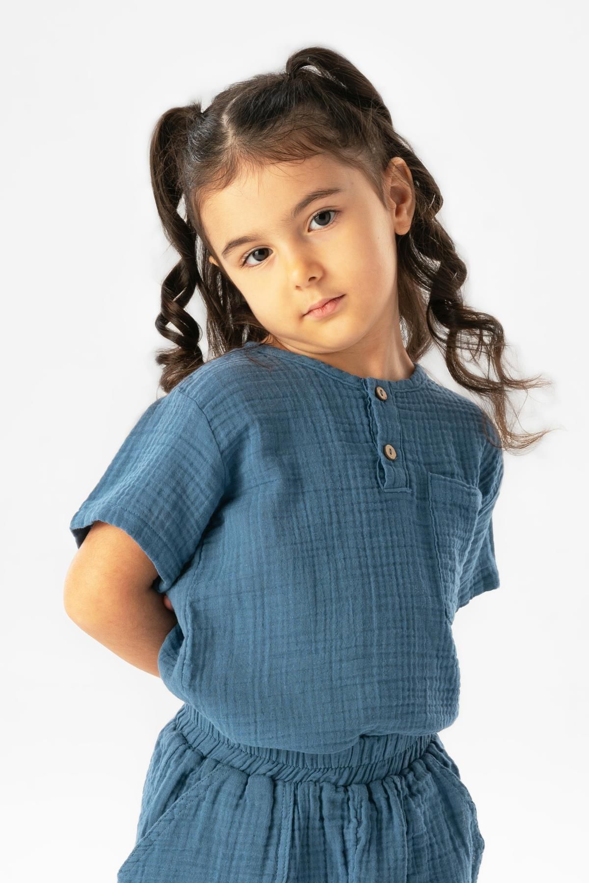 Eliş Şile Bezi Tricou Pentru Fete De Muselină De Vară Cu Mânecă Scurtă Western Pocket Indigo Indg Femeie - 4–5 years
