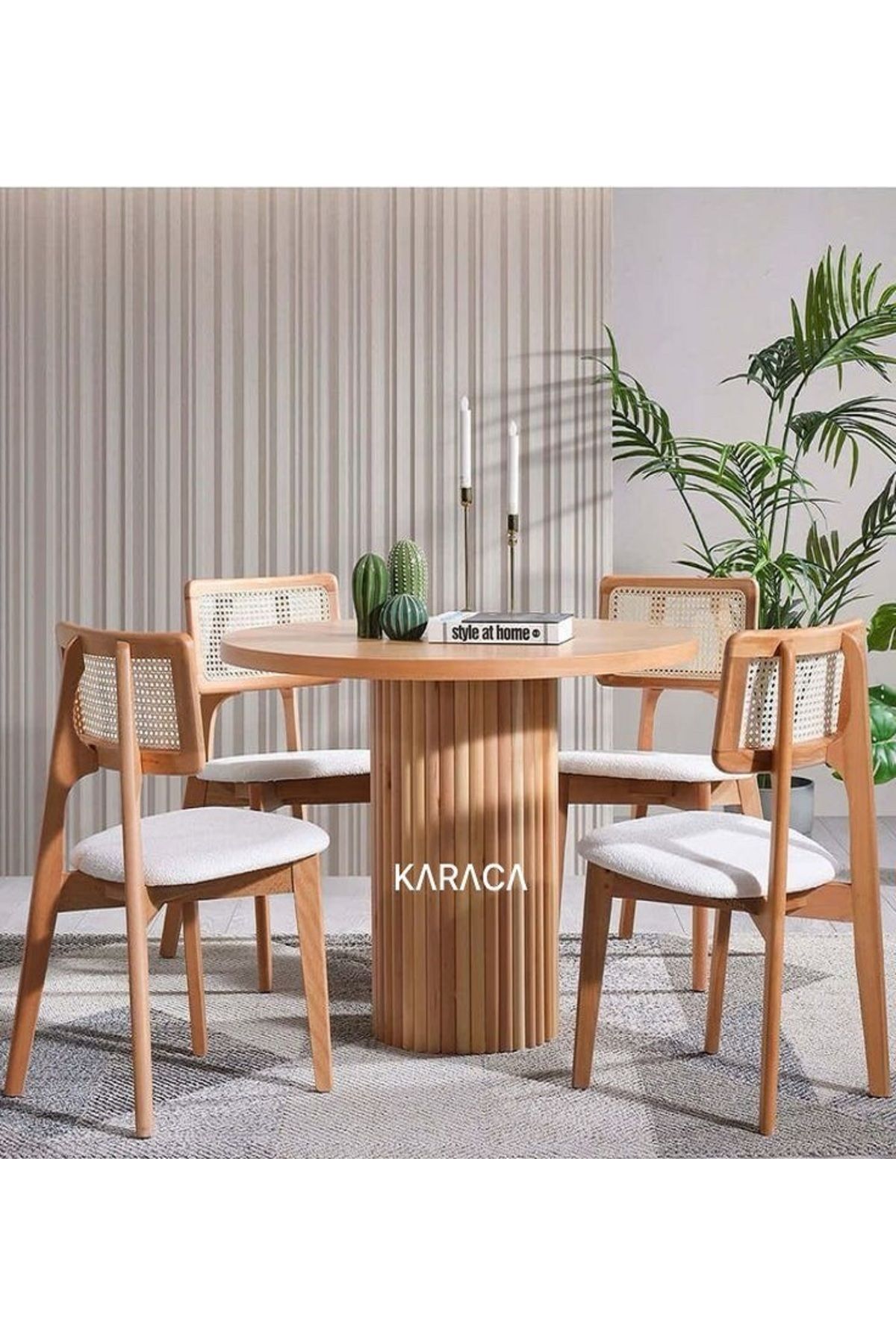 Yuvarlak Ahşap Masa Takımı Bohem 4 Kişilik Mutfak Masa Sandalye Takımı İskandinav