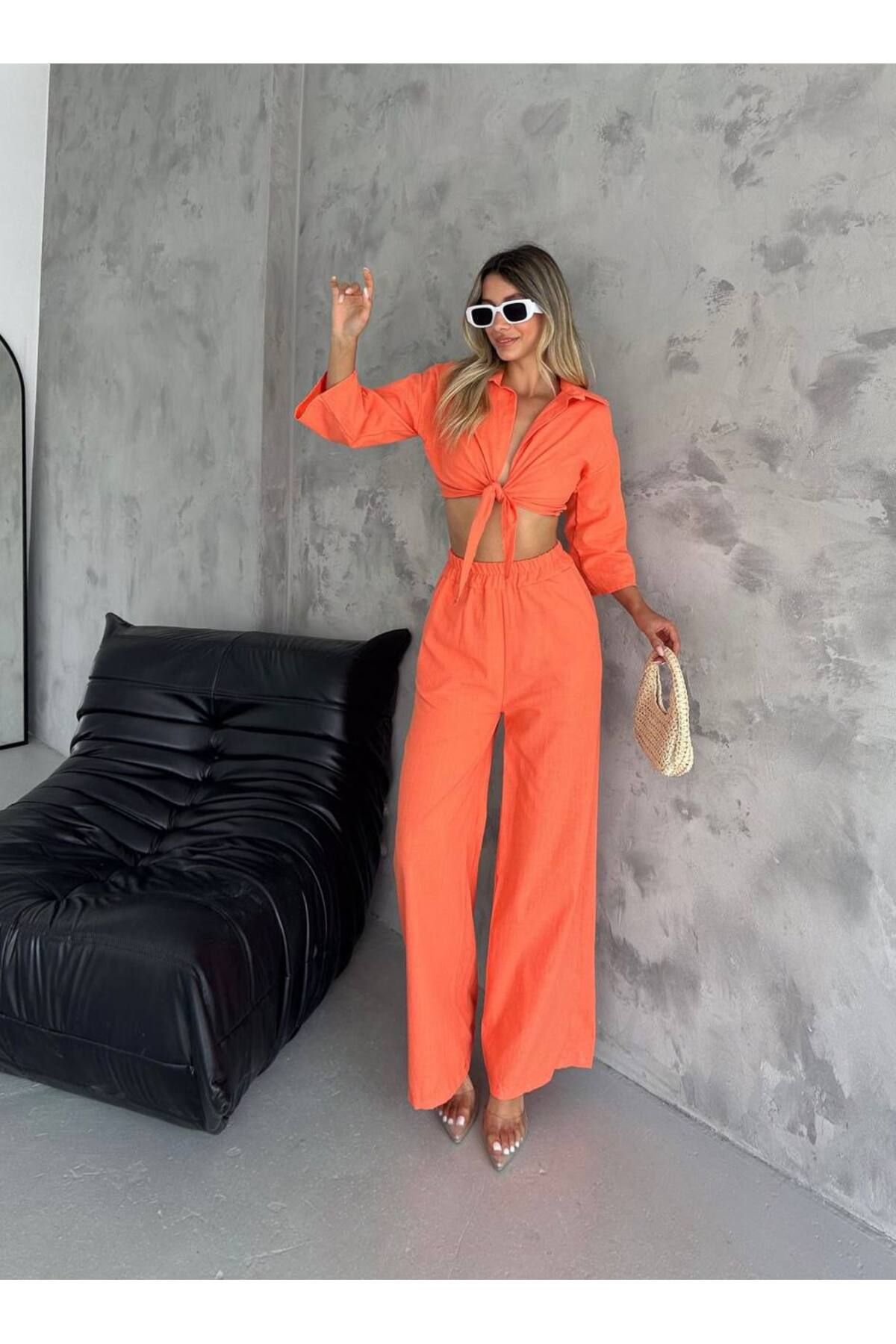 Enie-Women's Orange Linen Crop Shirt Pants Beach Set 4
